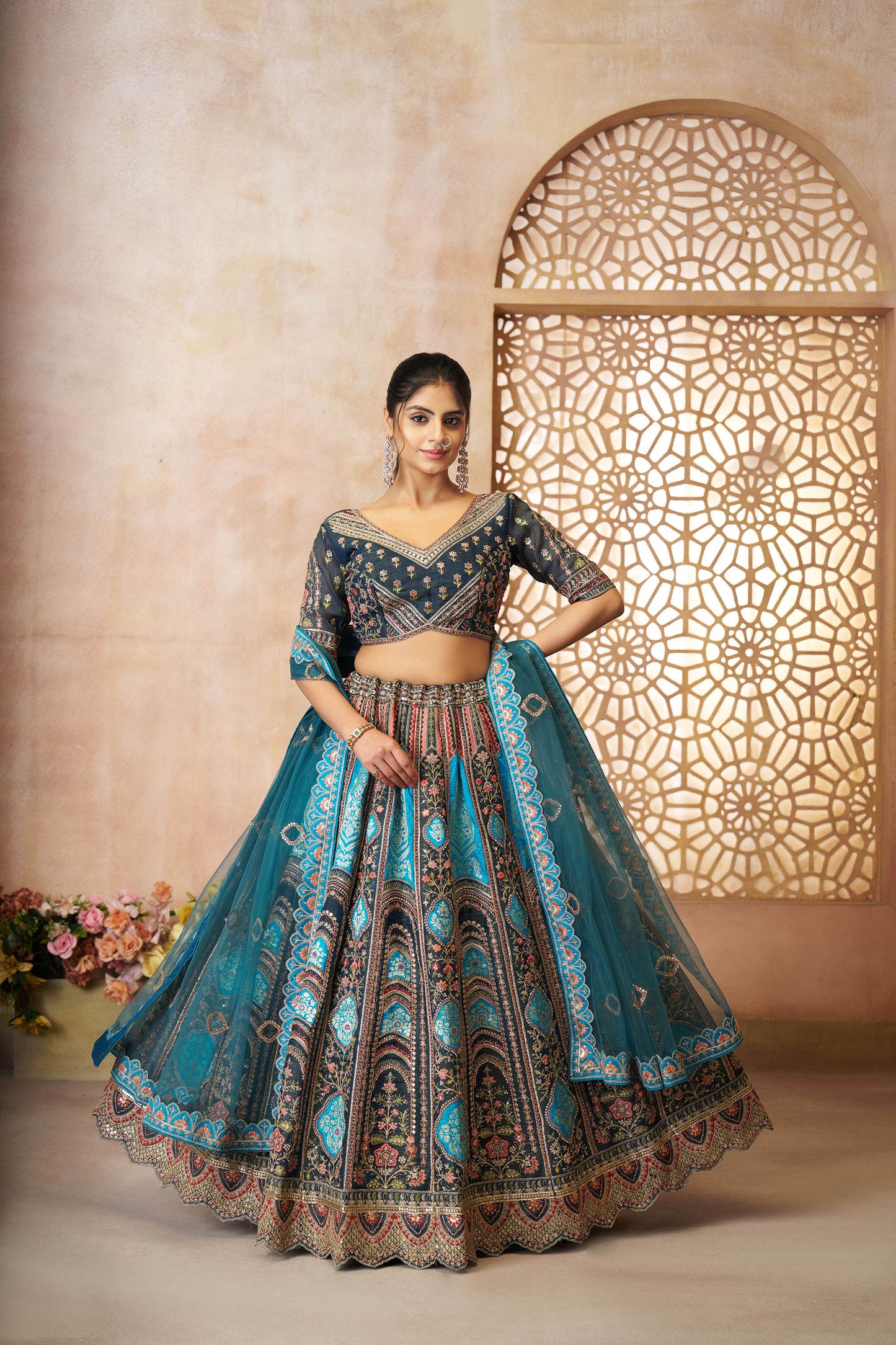 Blue Aari Embroidered Silk Lehenga For Wedding