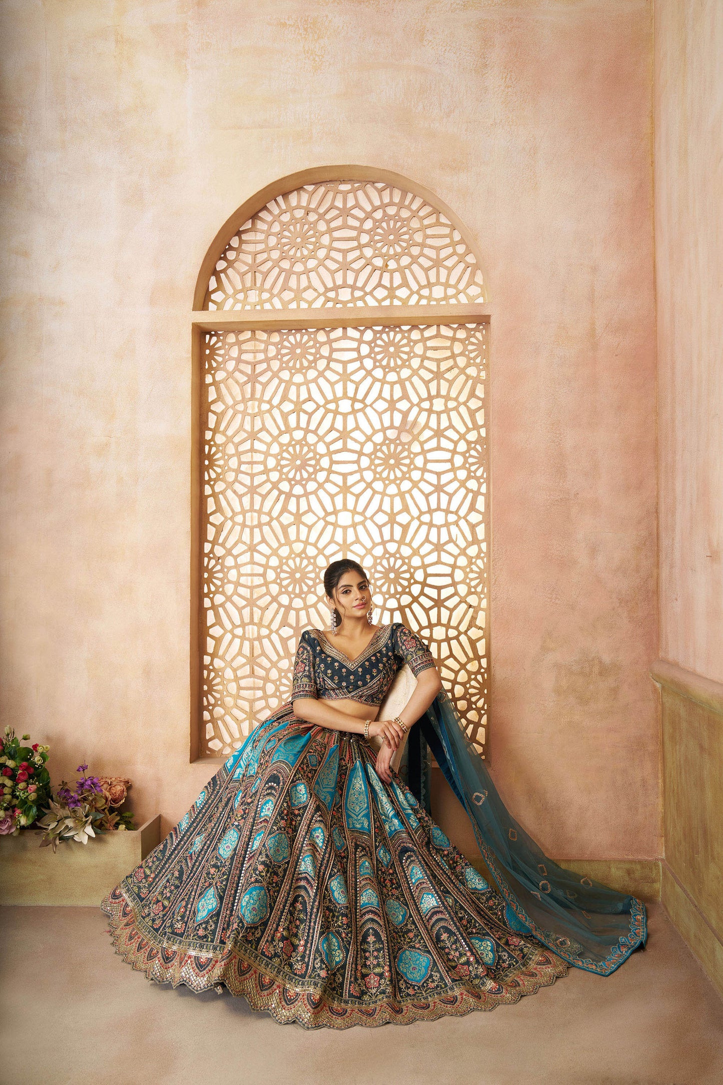 Blue Aari Embroidered Silk Lehenga For Wedding