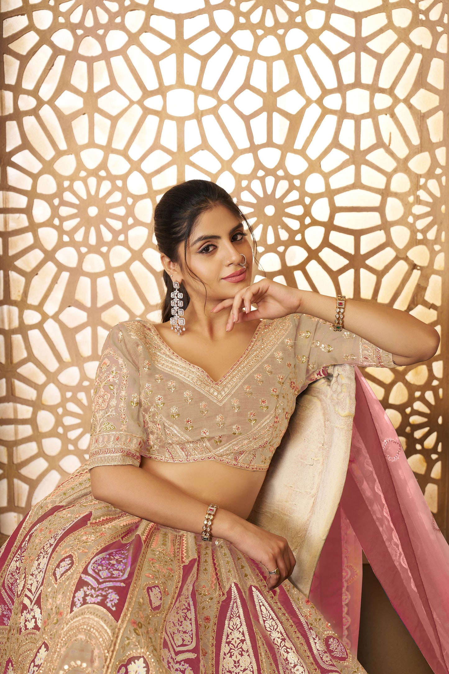 Beige Aari Embroidered Silk Lehenga For Wedding