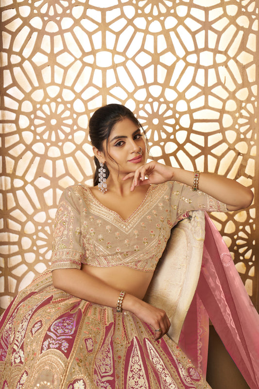 Beige Aari Embroidered Silk Lehenga For Wedding