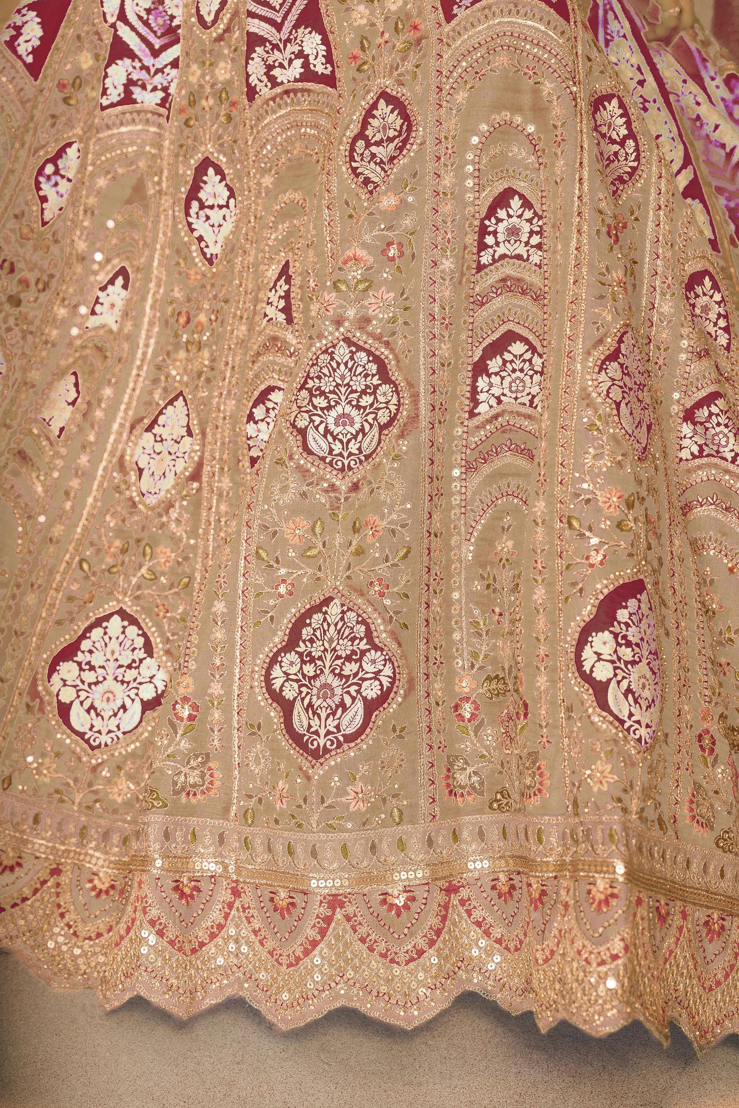 Beige Aari Embroidered Silk Lehenga For Wedding