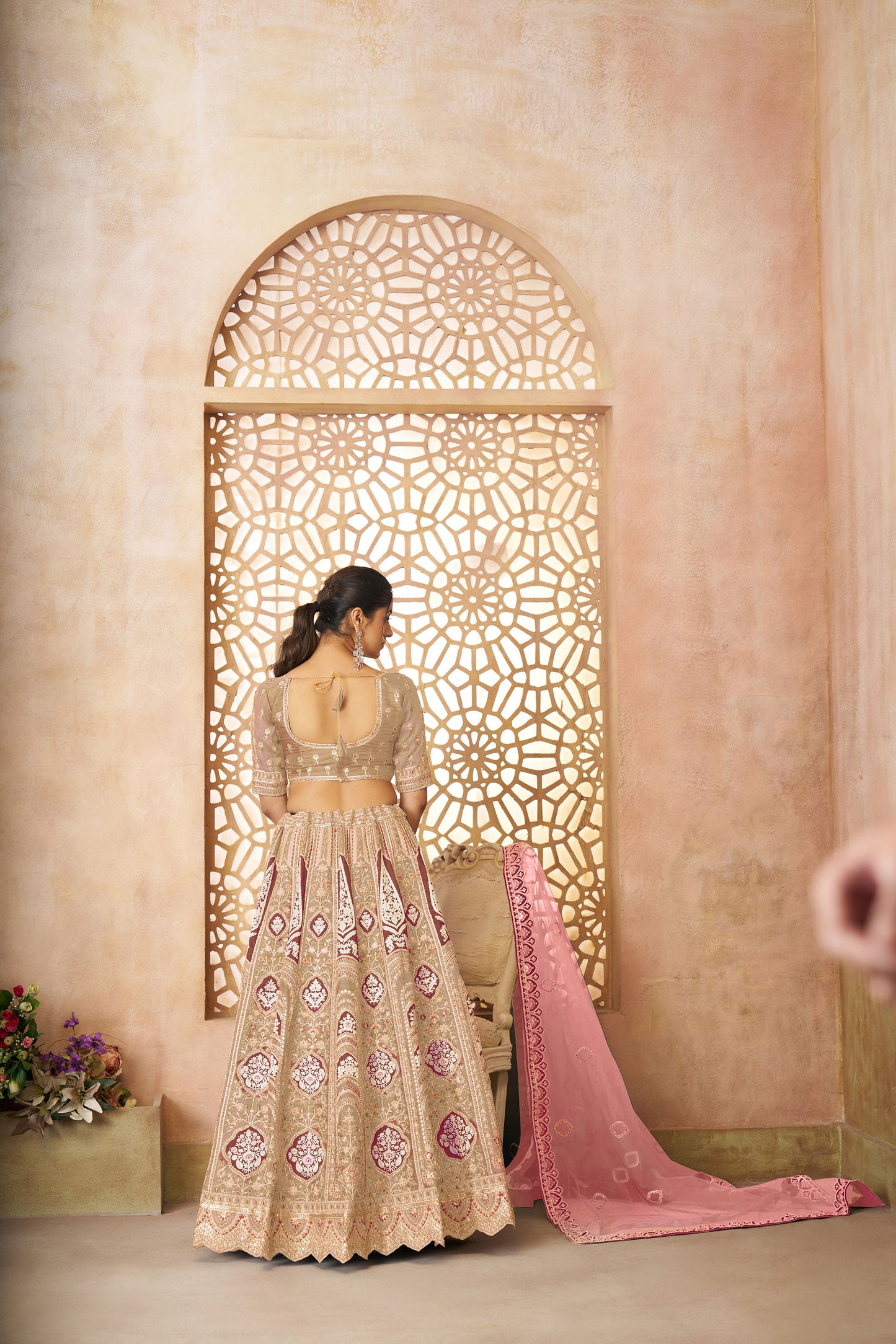 Beige Aari Embroidered Silk Lehenga For Wedding