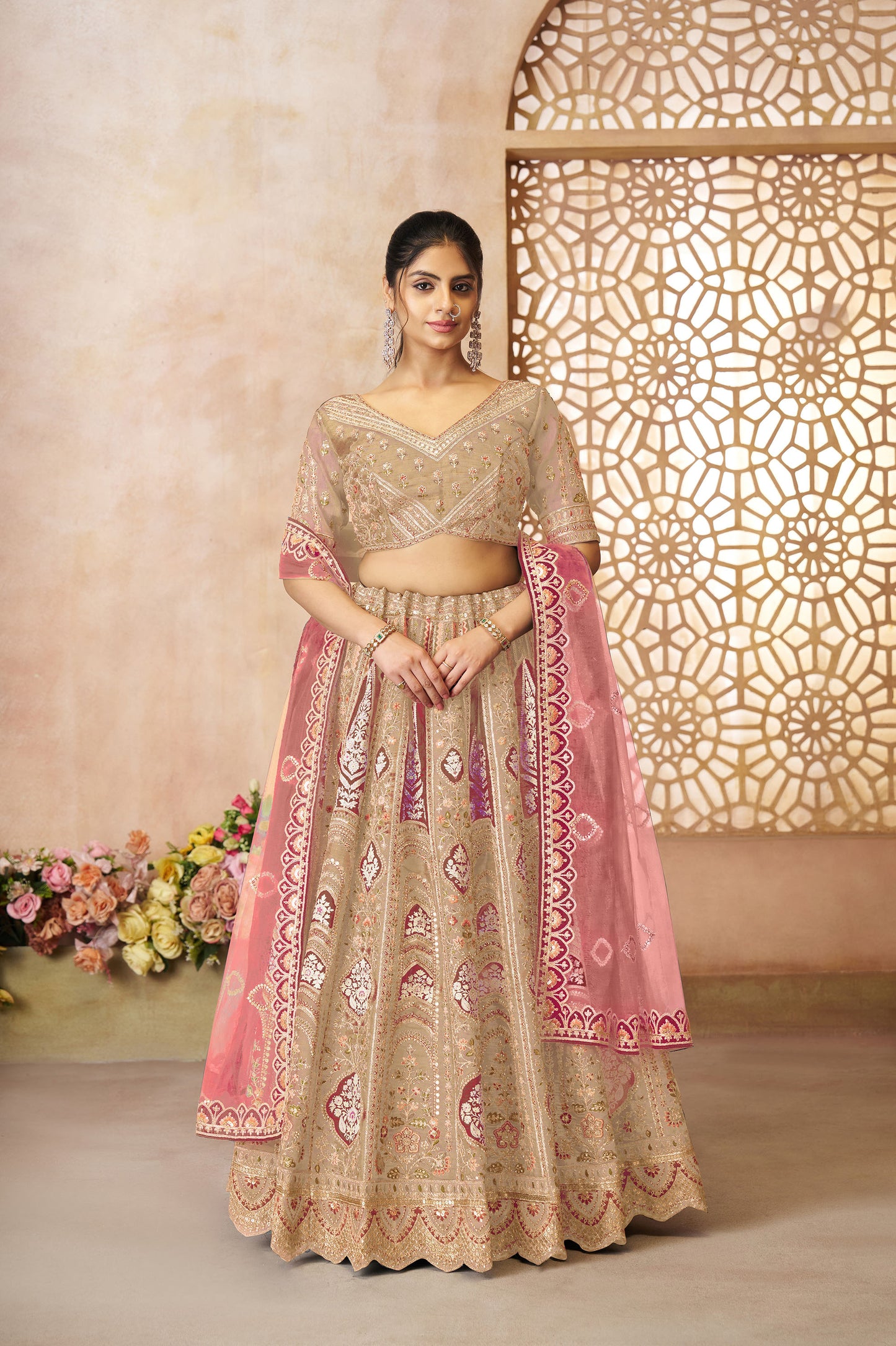 Beige Aari Embroidered Silk Lehenga For Wedding