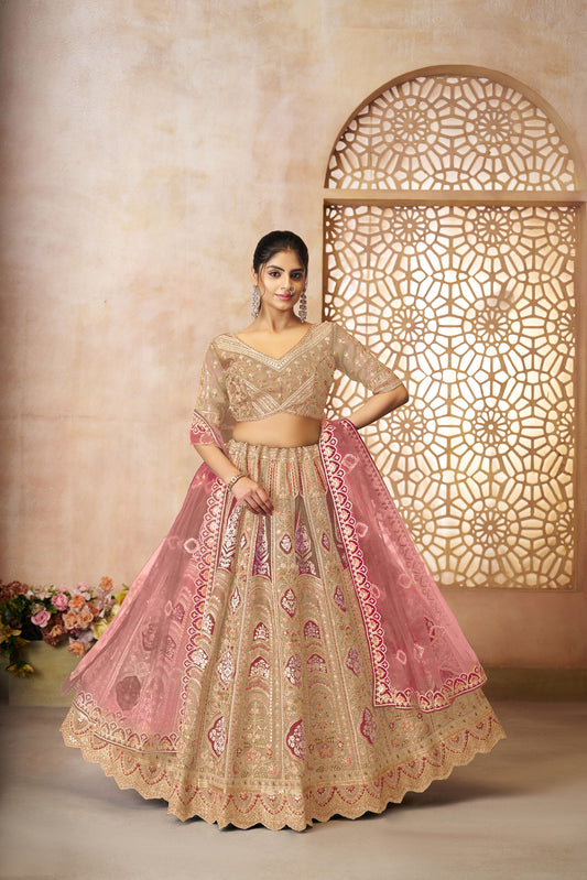 Beige Aari Embroidered Silk Lehenga For Wedding