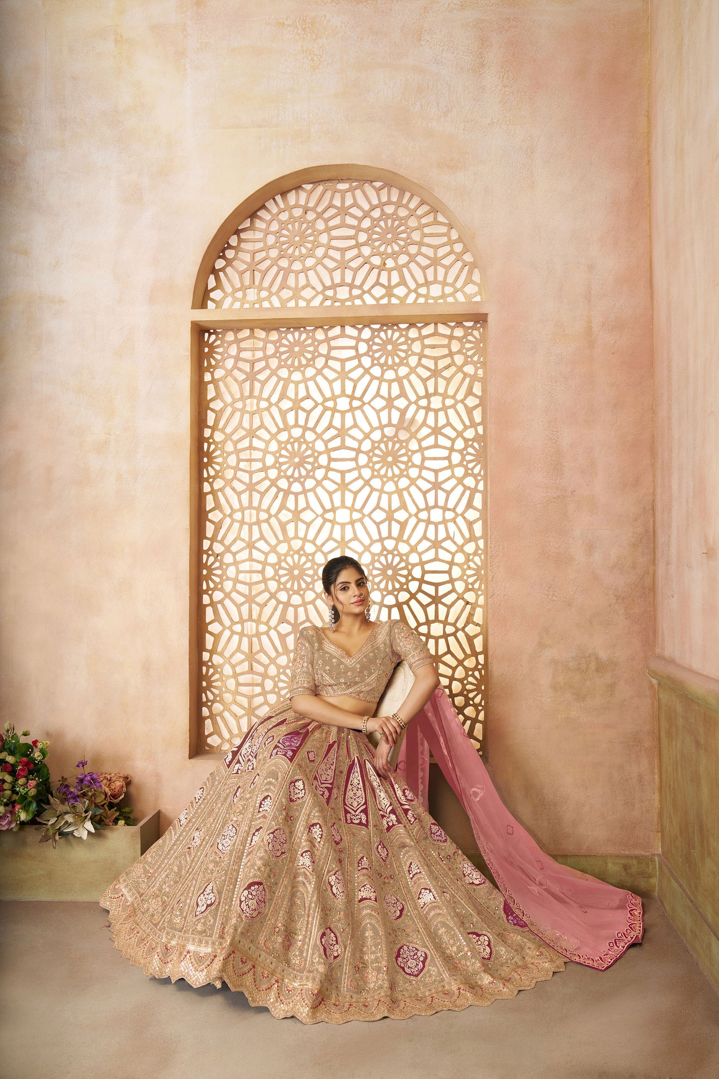 Beige Aari Embroidered Silk Lehenga For Wedding