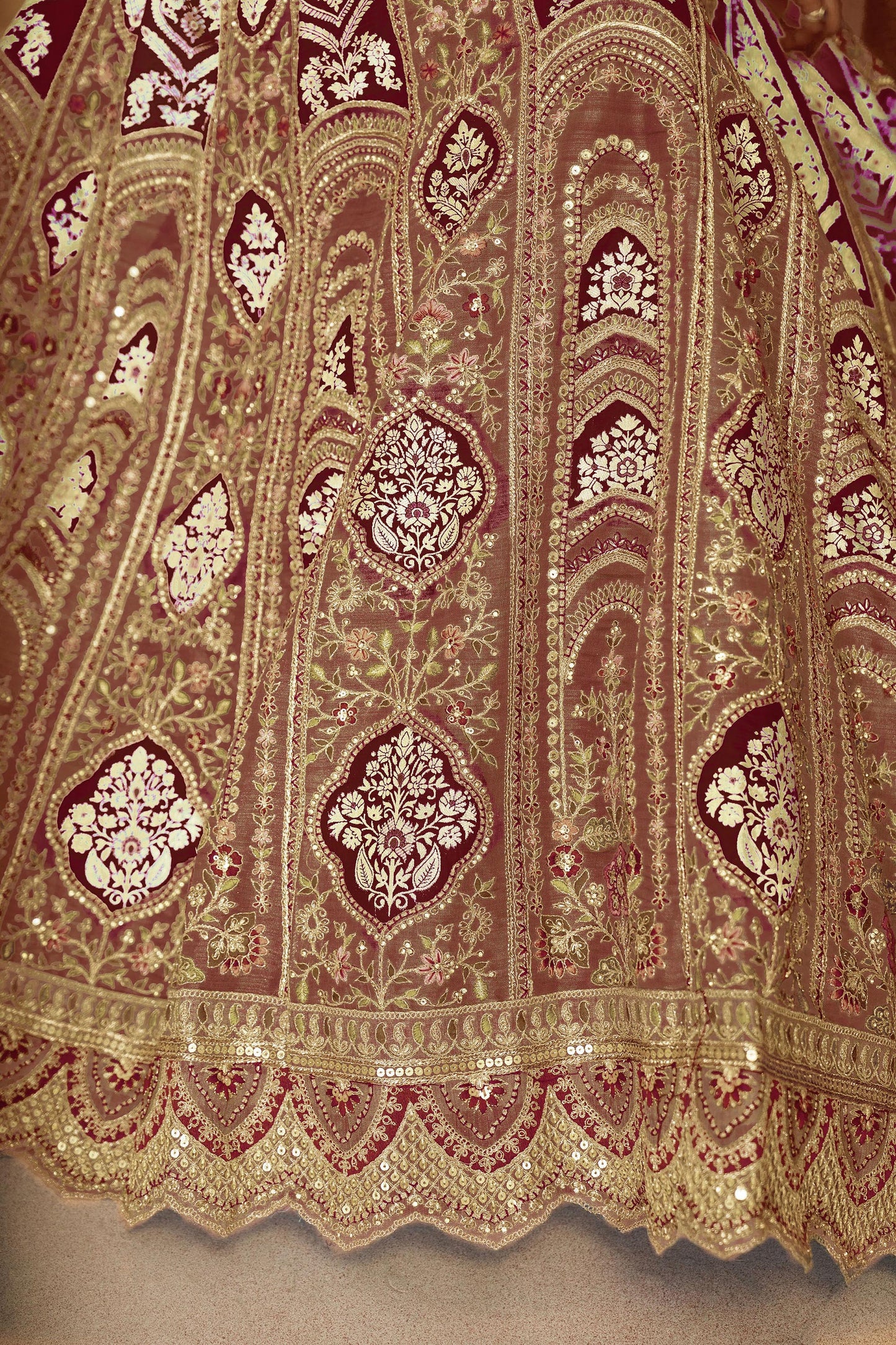 Brown Aari Embroidered Silk Lehenga For Wedding