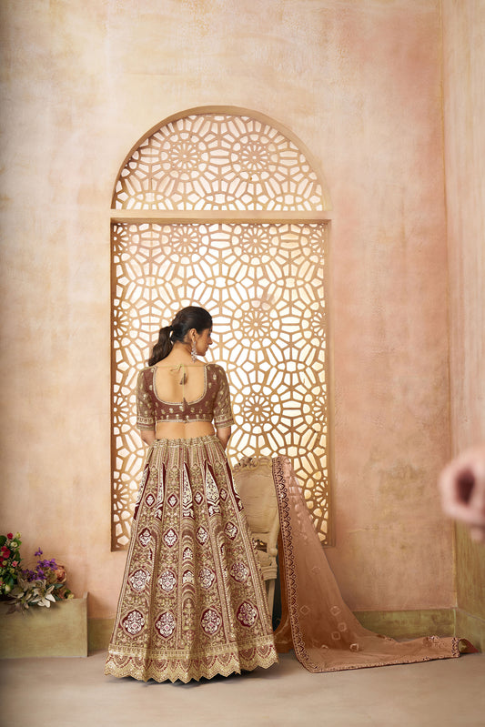 Brown Aari Embroidered Silk Lehenga For Wedding