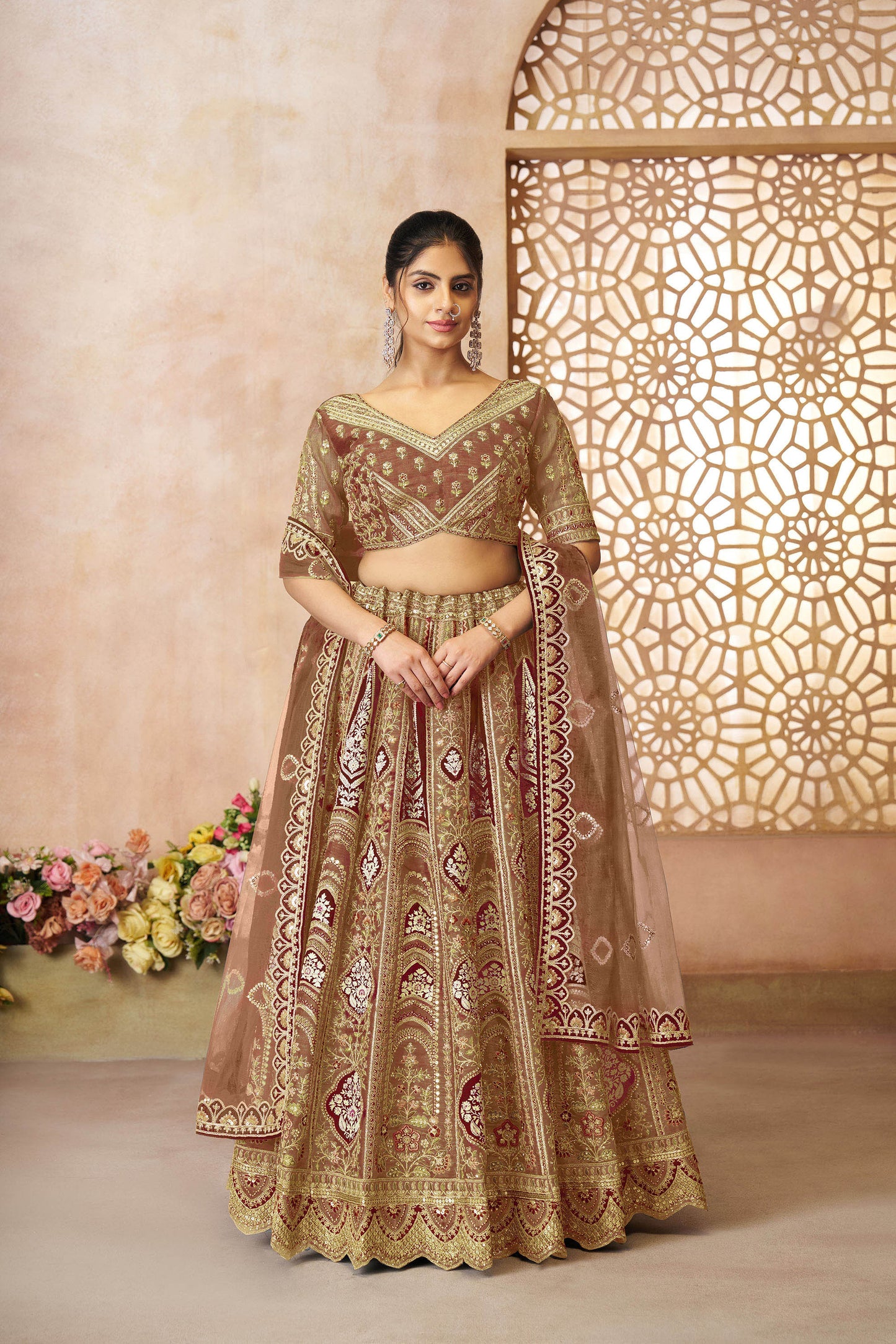 Brown Aari Embroidered Silk Lehenga For Wedding