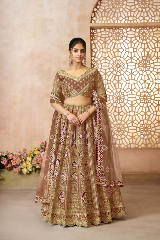Brown Aari Embroidered Silk Lehenga For Wedding