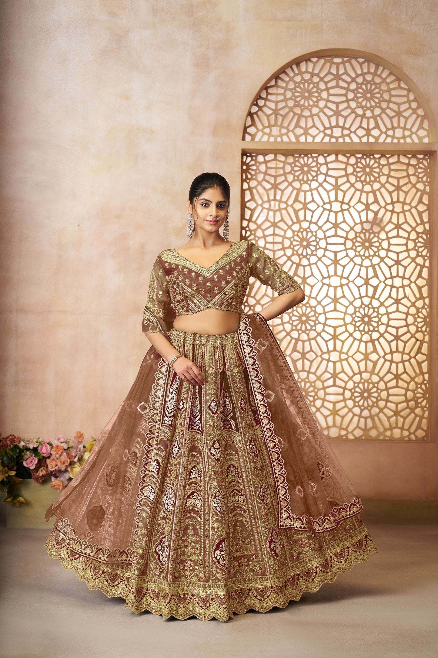 Brown Aari Embroidered Silk Lehenga For Wedding