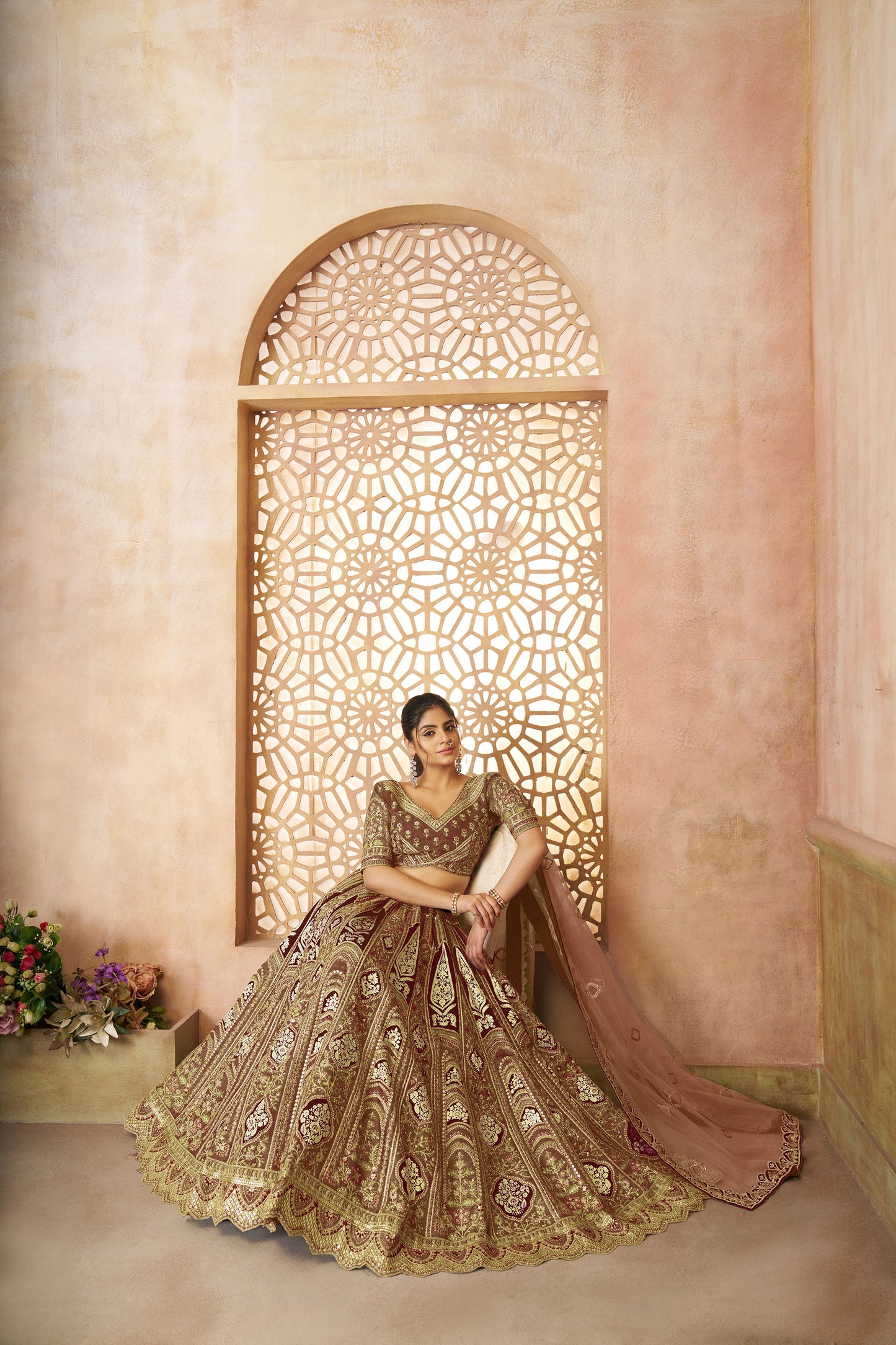 Brown Aari Embroidered Silk Lehenga For Wedding