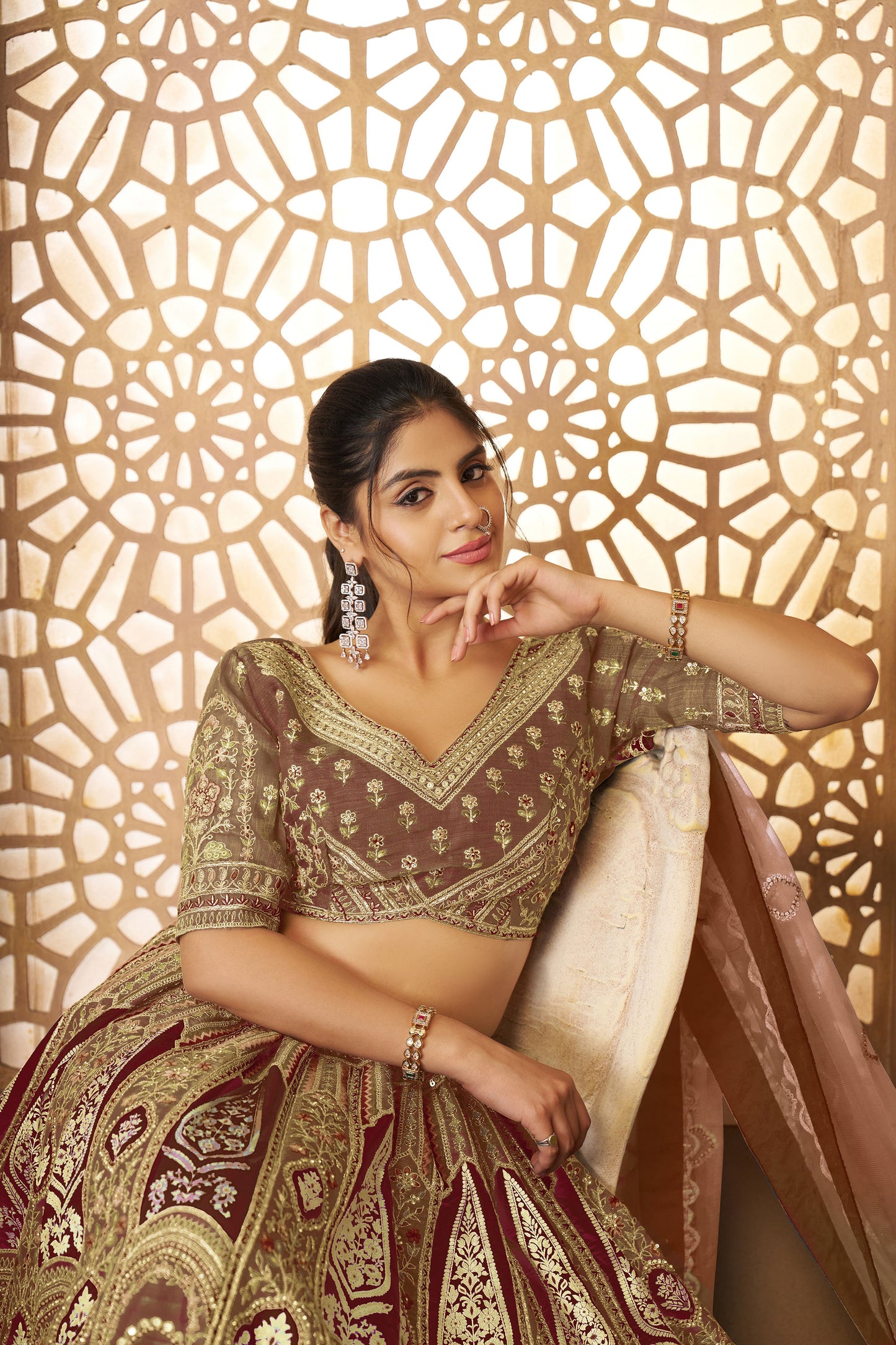 Brown Aari Embroidered Silk Lehenga For Wedding