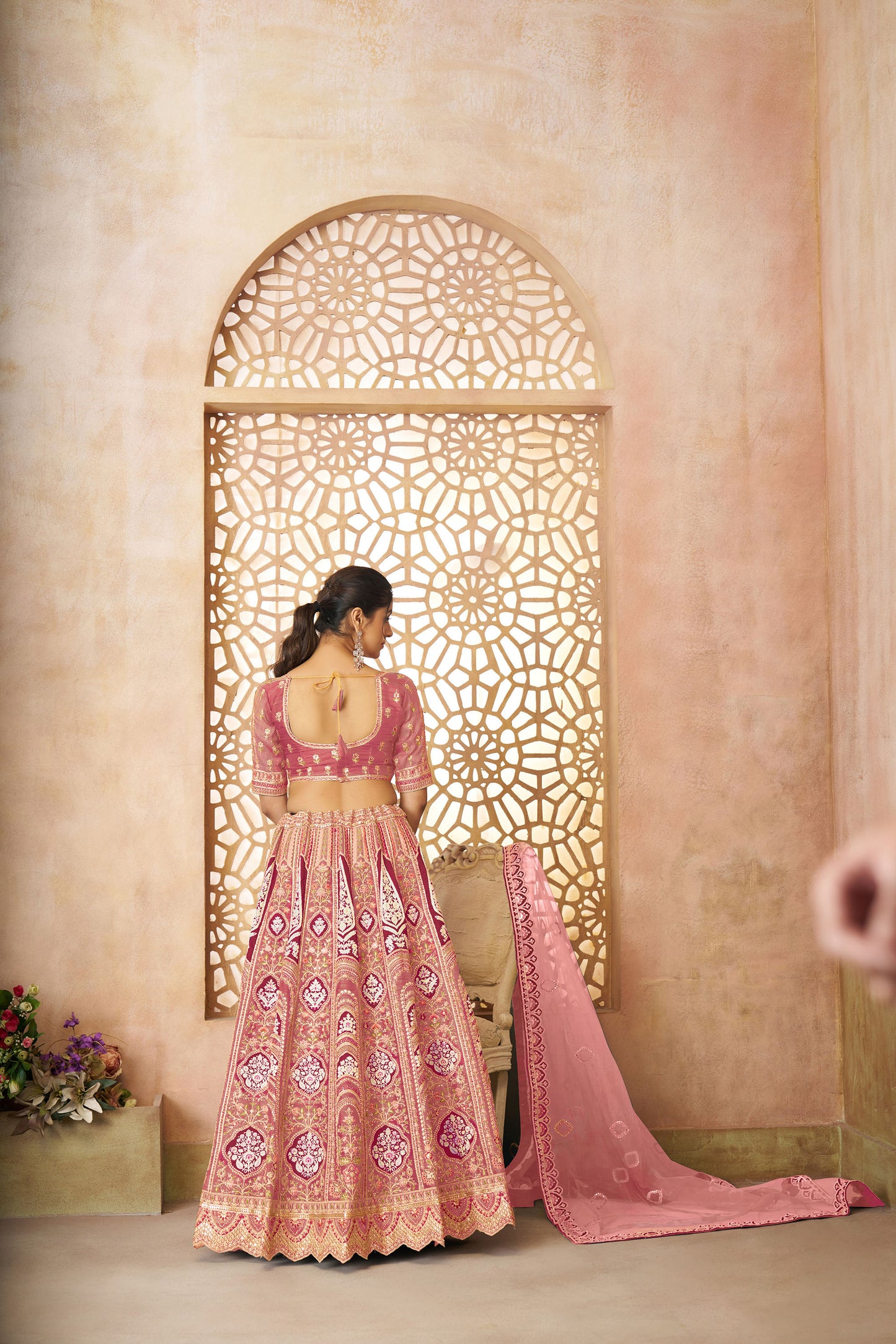 Pink Aari Embroidered Silk Lehenga For Wedding