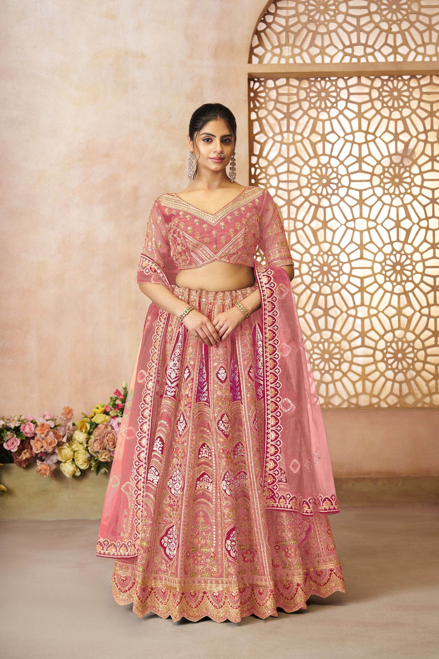 Pink Aari Embroidered Silk Lehenga For Wedding