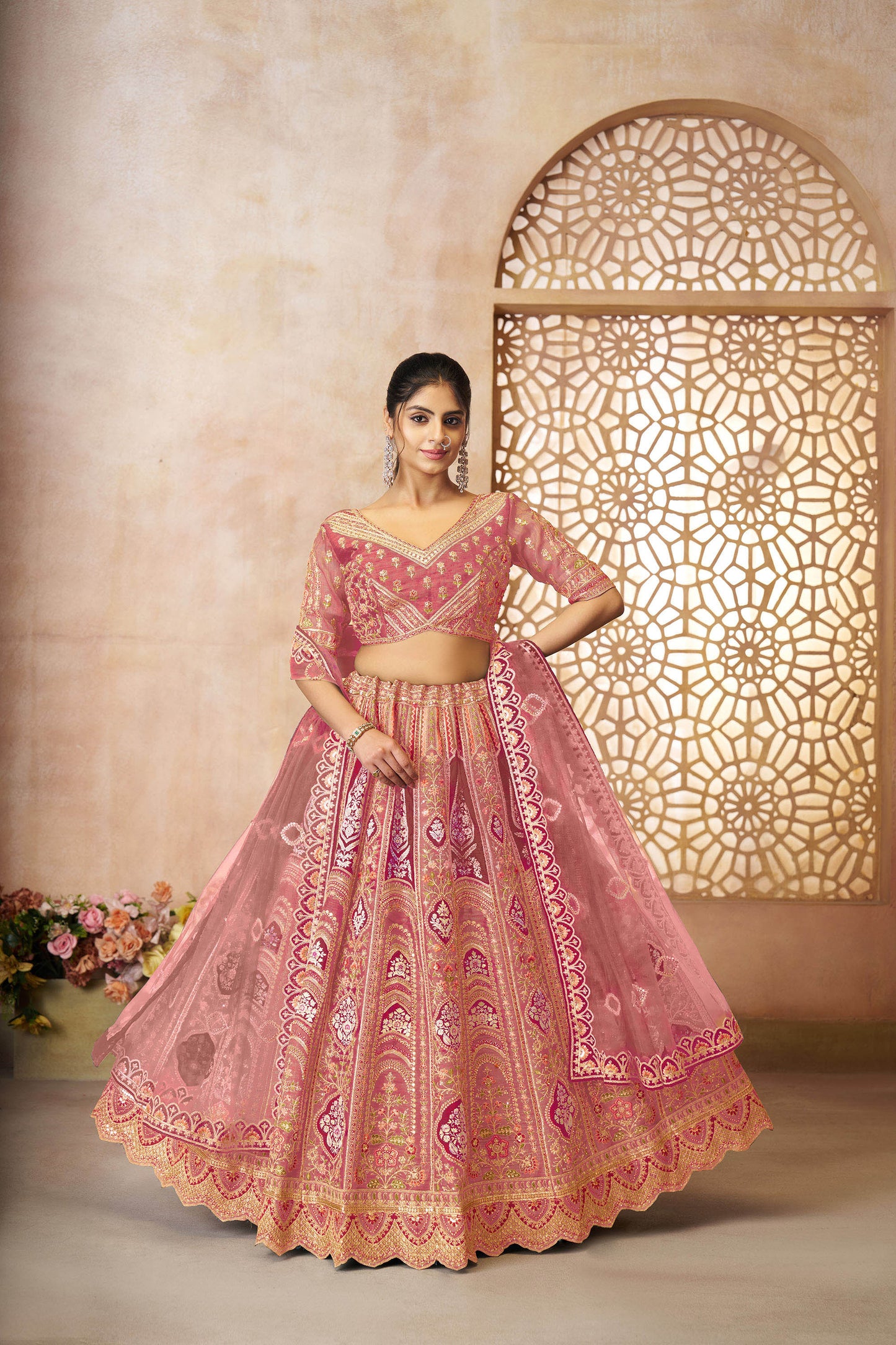 Pink Aari Embroidered Silk Lehenga For Wedding