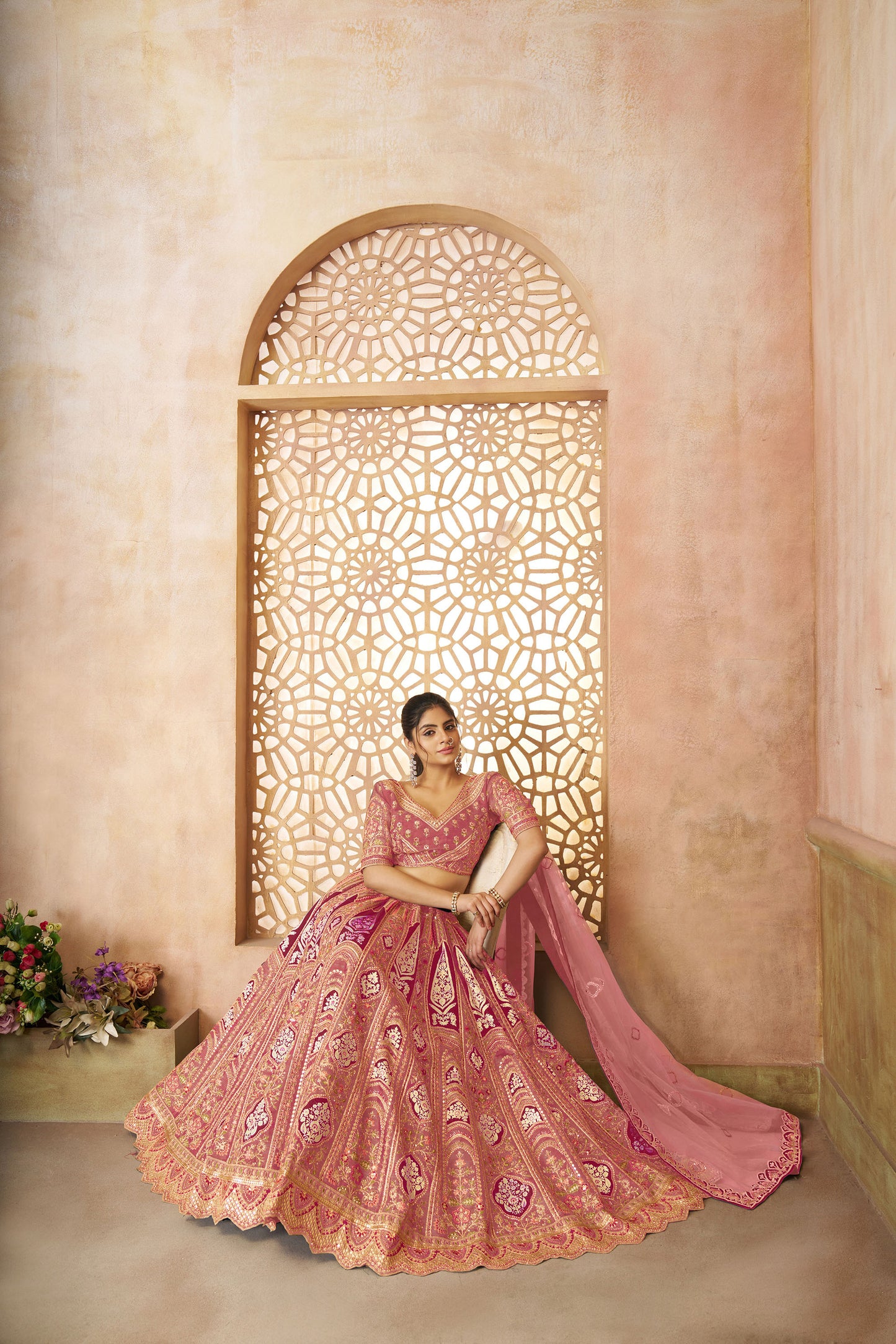 Pink Aari Embroidered Silk Lehenga For Wedding