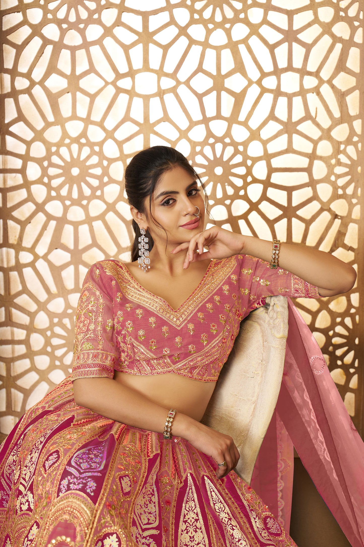 Pink Aari Embroidered Silk Lehenga For Wedding