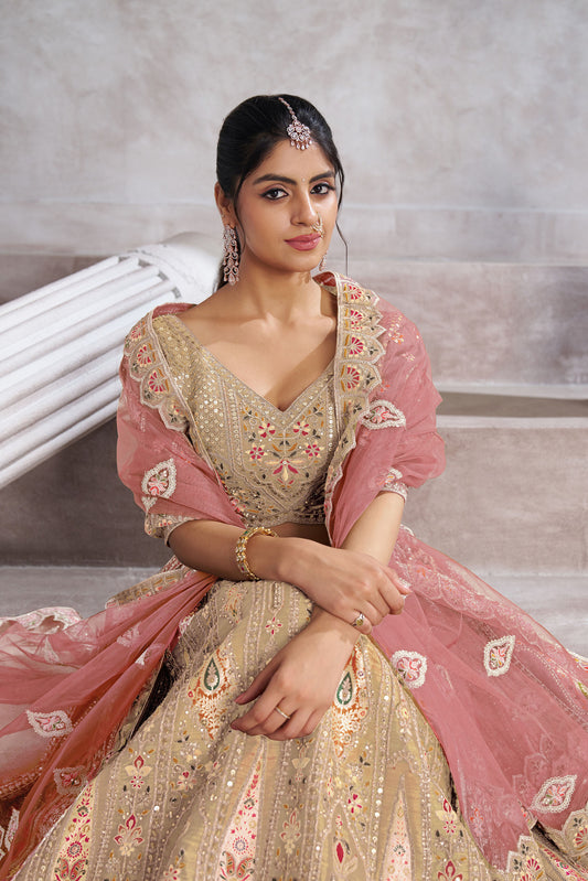 Beige Aari and Patch Embroidered Silk Bridal Lehenga
