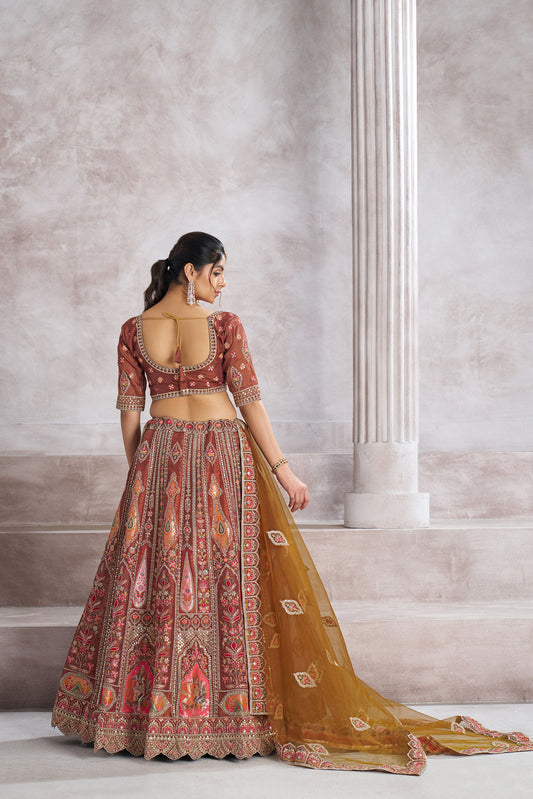 Brown Aari and Patch Embroidered Silk Bridal Lehenga