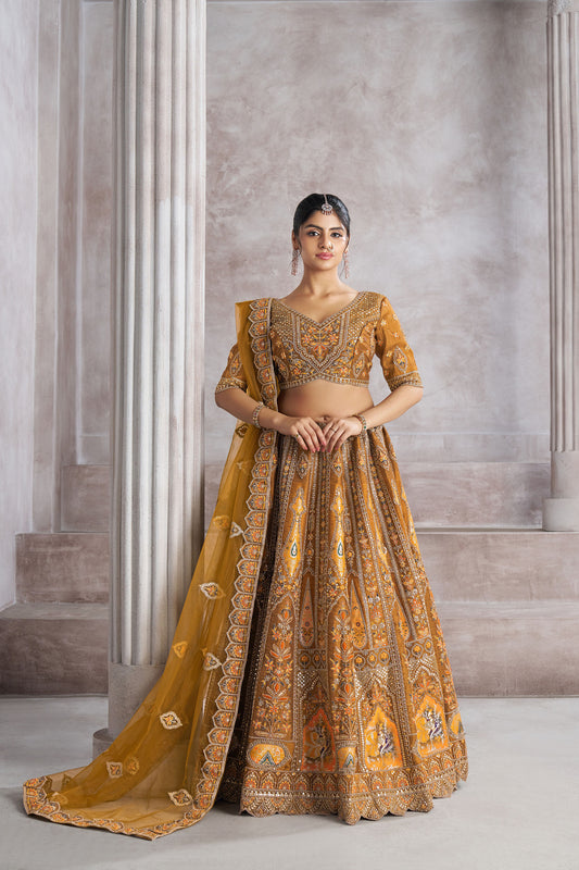 Mustard Aari and Patch Embroidered Silk Bridal Lehenga