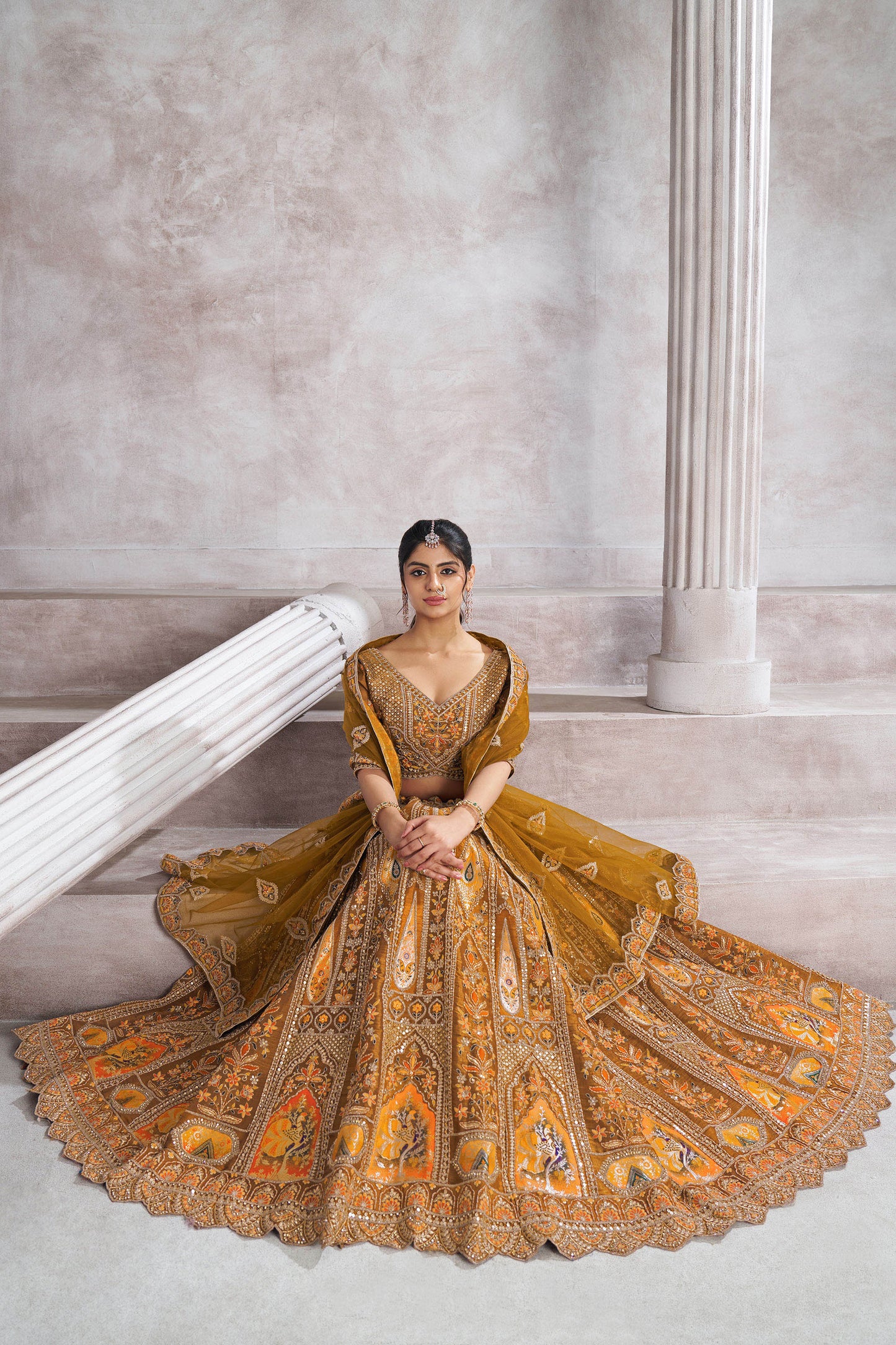 Mustard Aari and Patch Embroidered Silk Bridal Lehenga