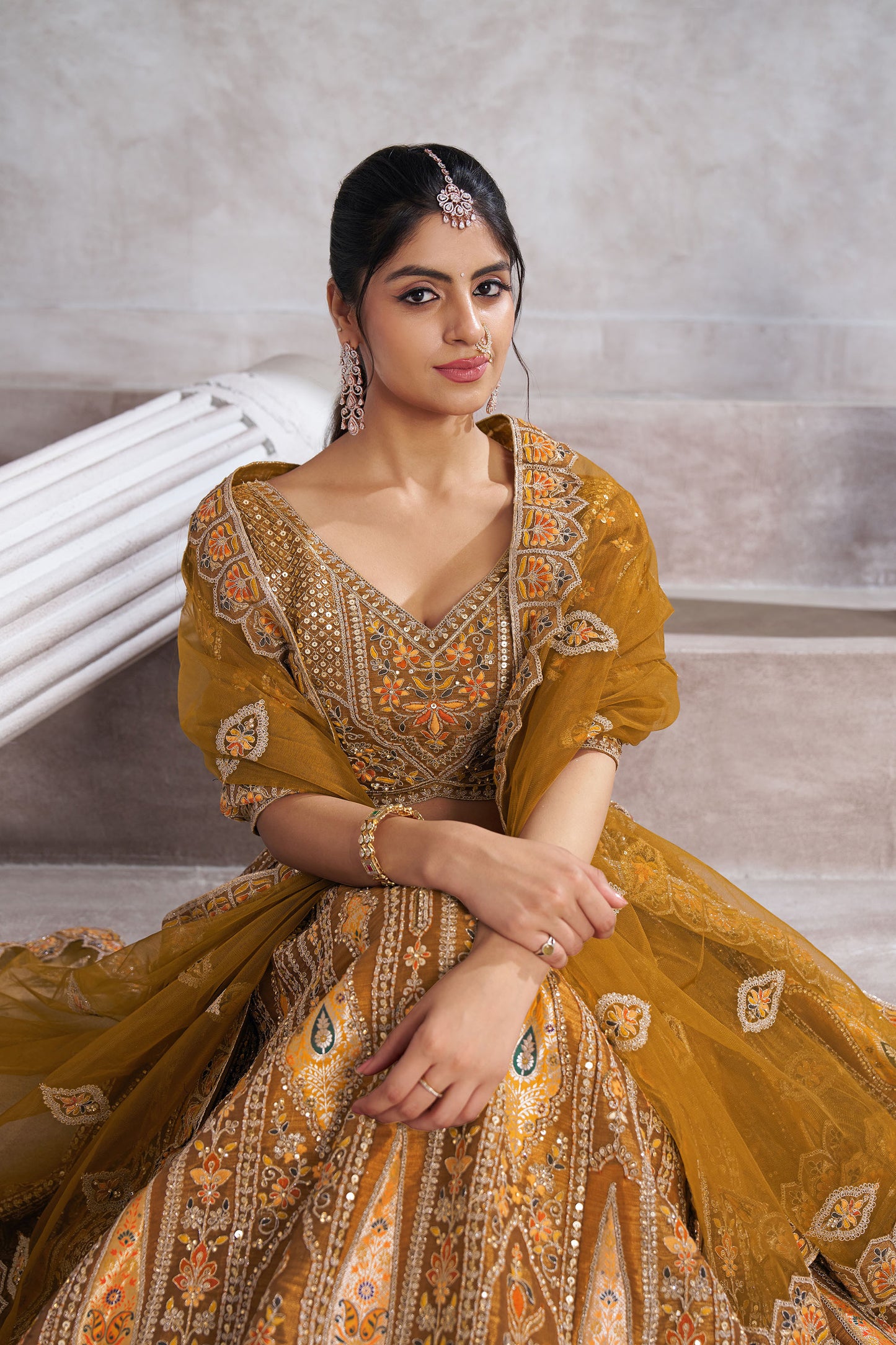 Mustard Aari and Patch Embroidered Silk Bridal Lehenga
