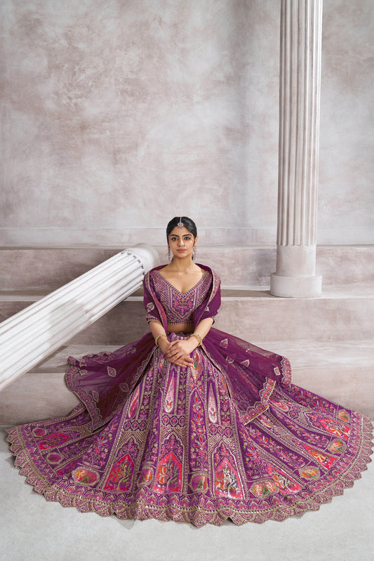 Purple Aari and Patch Embroidered Silk Bridal Lehenga