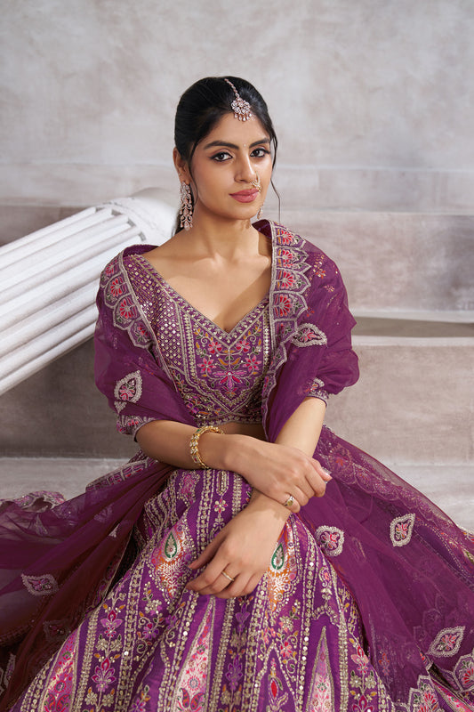 Purple Aari and Patch Embroidered Silk Bridal Lehenga