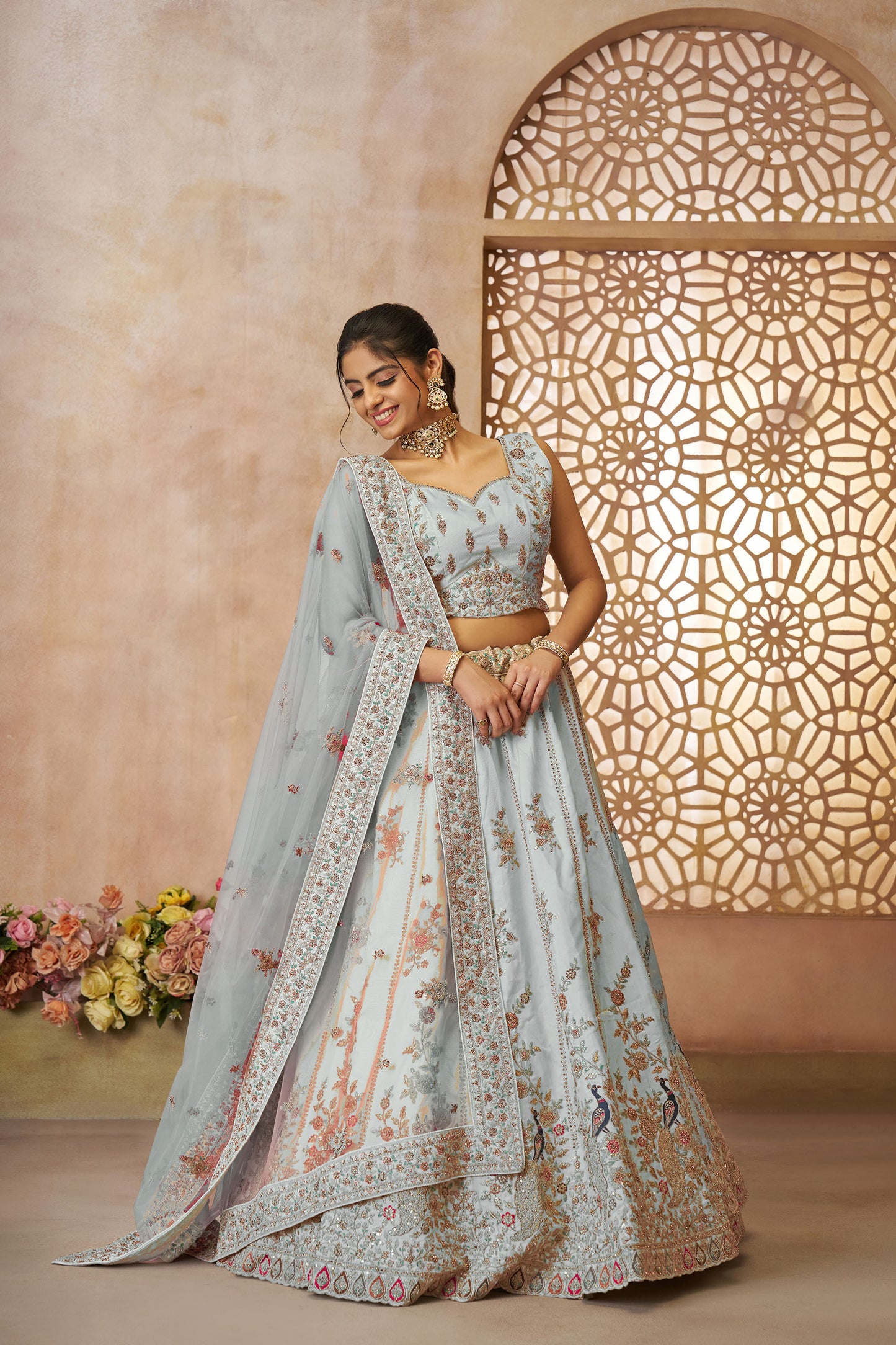 Sky Blue Zari Silk Sequins & Thread Embroidery Sangeet Lehenga