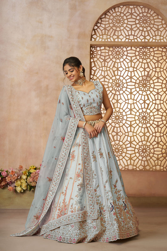 Sky Blue Zari Silk Sequins & Thread Embroidery Sangeet Lehenga