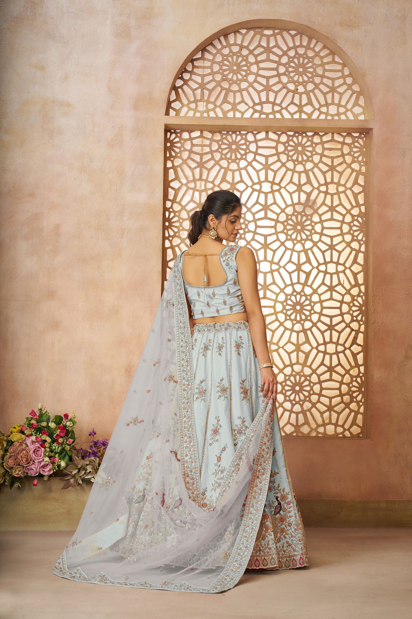 Sky Blue Zari Silk Sequins & Thread Embroidery Sangeet Lehenga