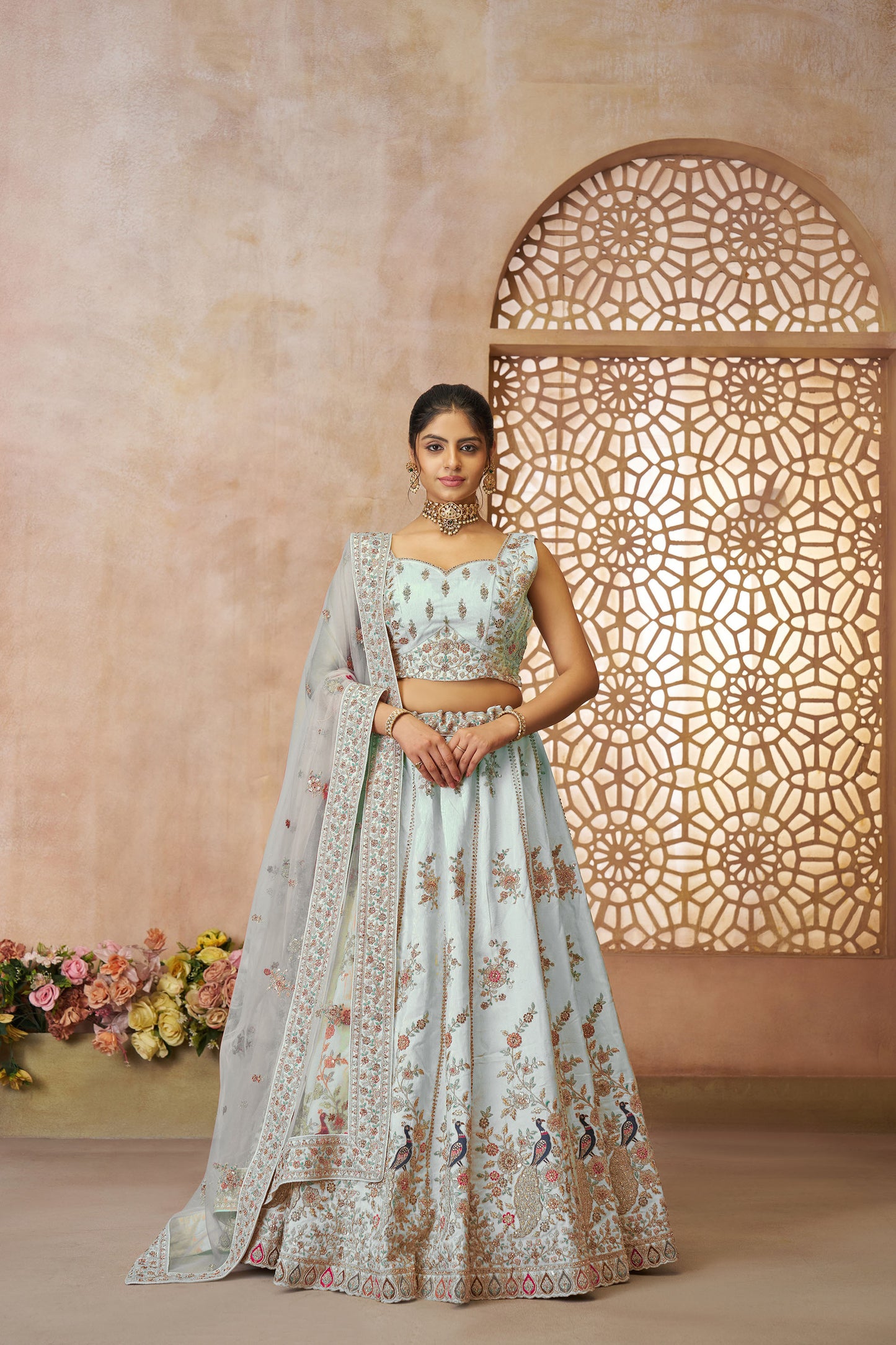 Sky Blue Zari Silk Sequins & Thread Embroidery Sangeet Lehenga