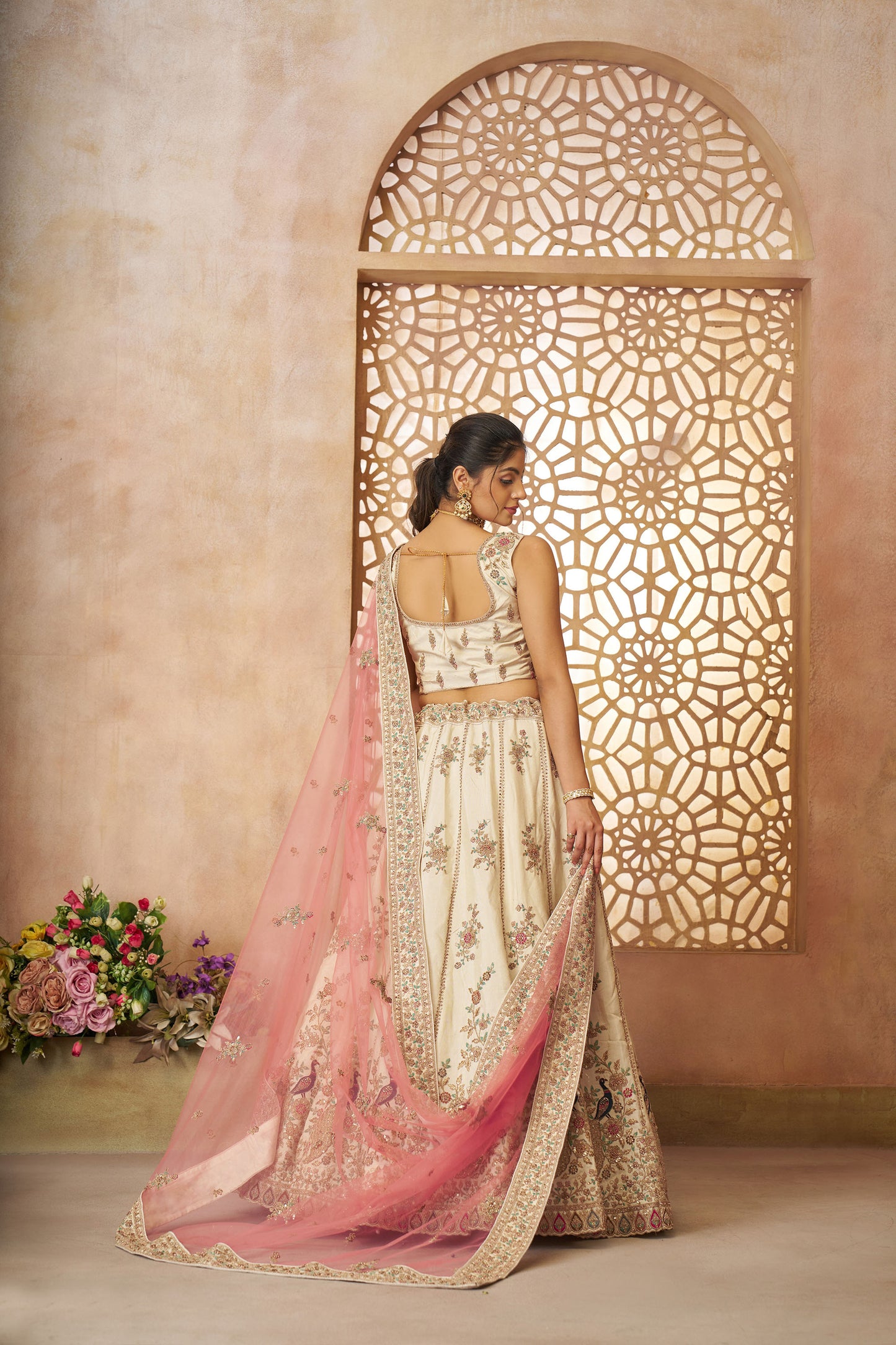 White Zari Silk Sequins  & Thread Embroidery Lehenga