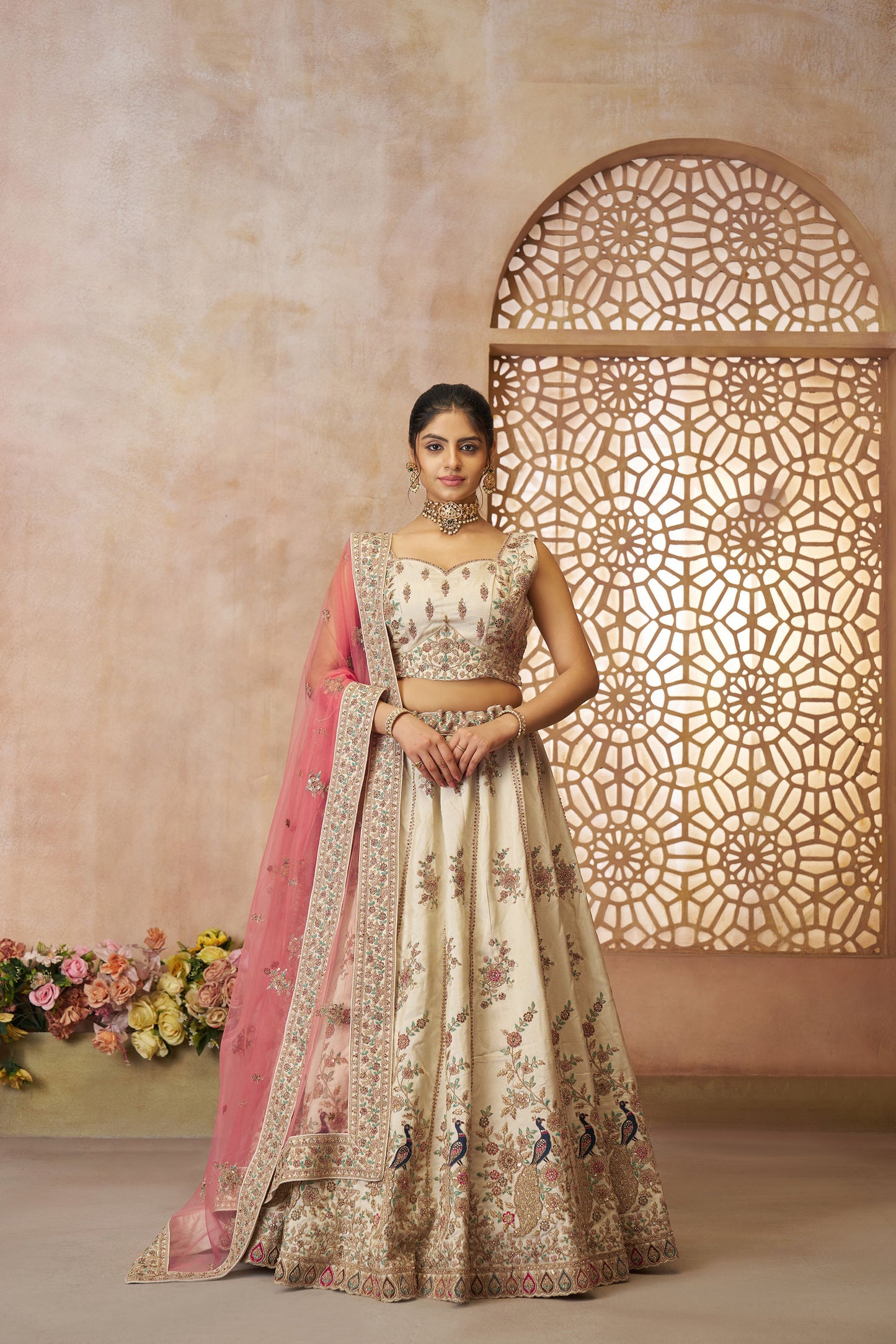White Zari Silk Sequins  & Thread Embroidery Lehenga