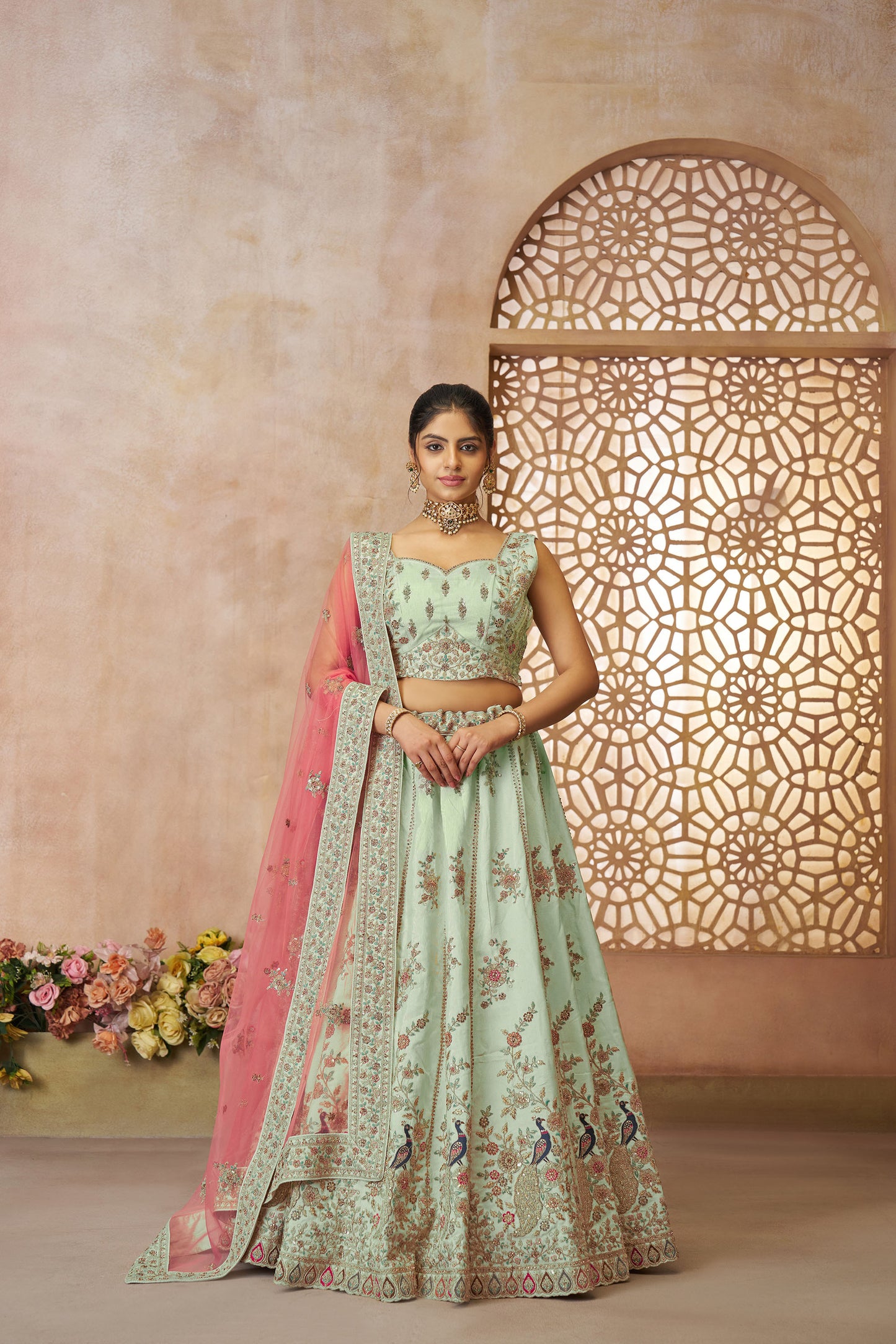 Green Zari Silk Sequins & Thread Embroidery Mehendi Lehenga