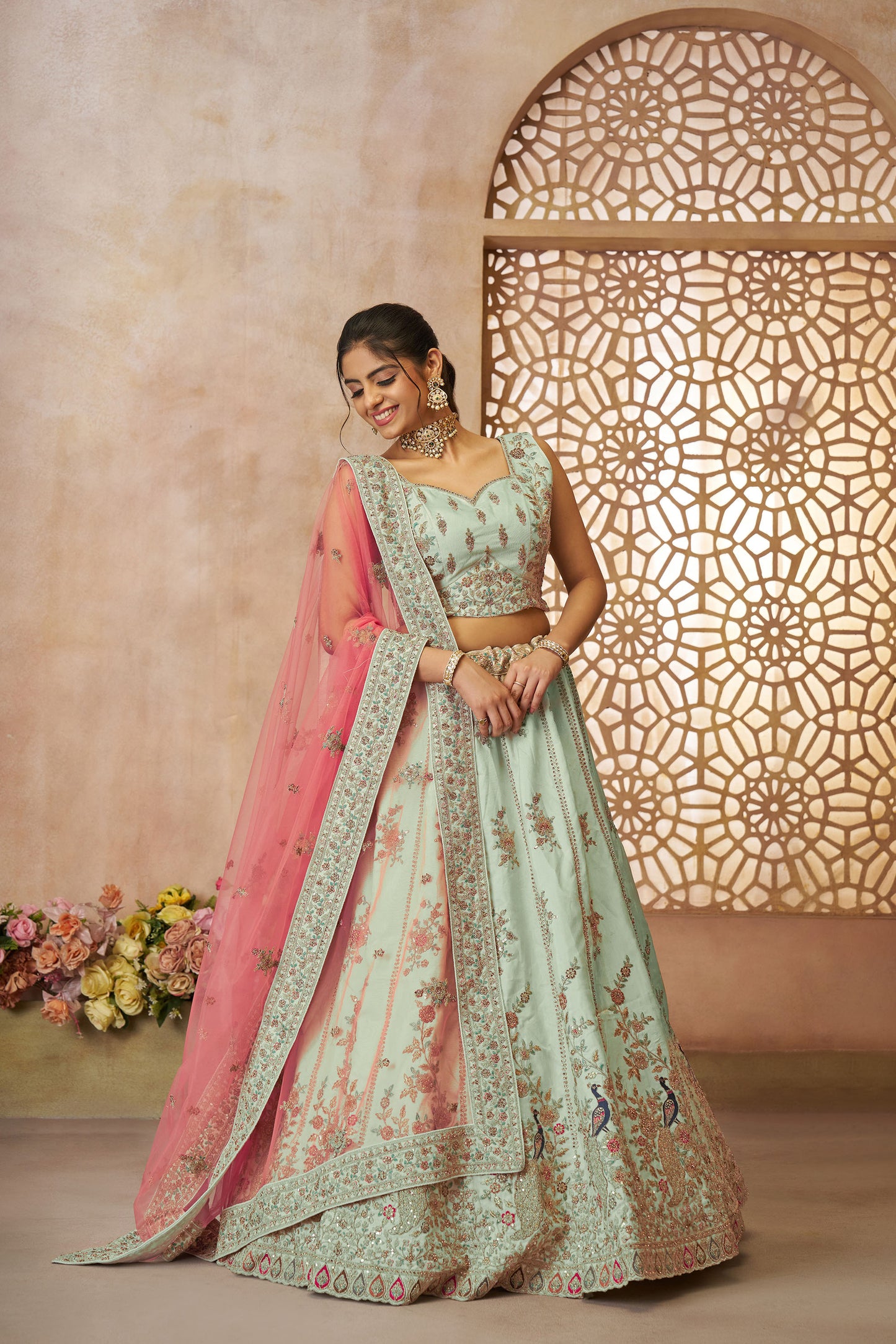 Green Zari Silk Sequins & Thread Embroidery Mehendi Lehenga