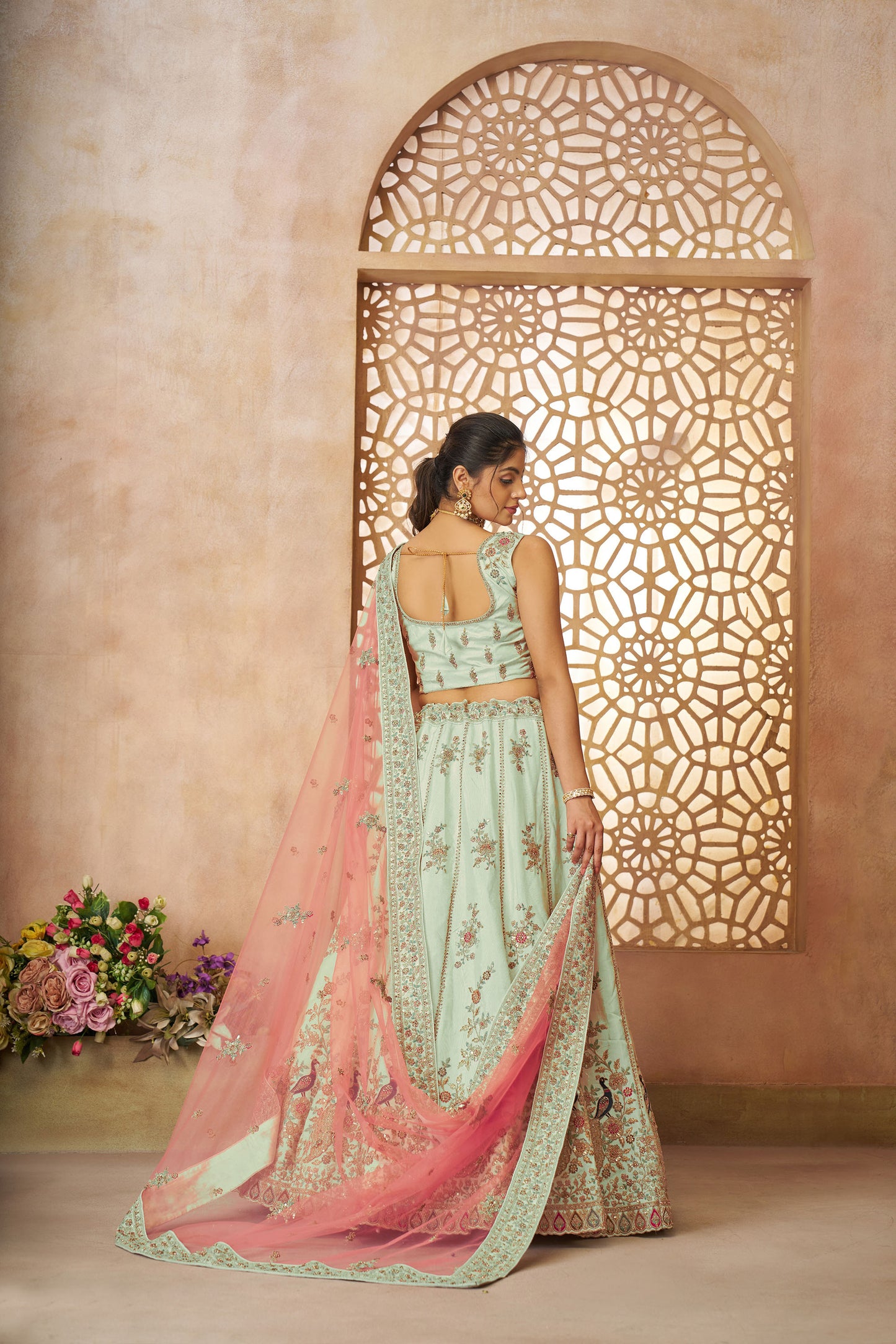 Green Zari Silk Sequins & Thread Embroidery Mehendi Lehenga