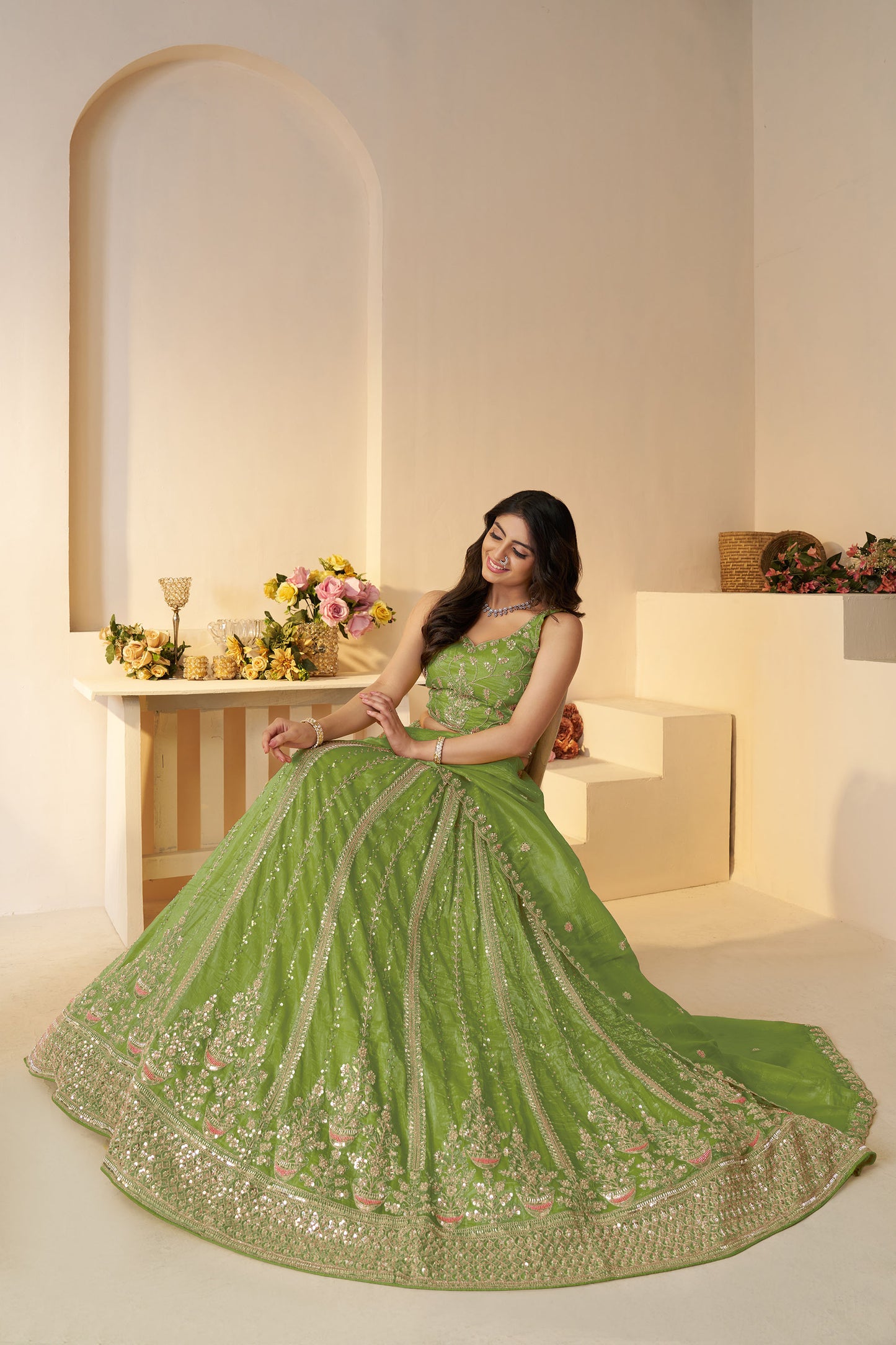 Green Zari Work Jimmy Choo Lehenga for Mehendi