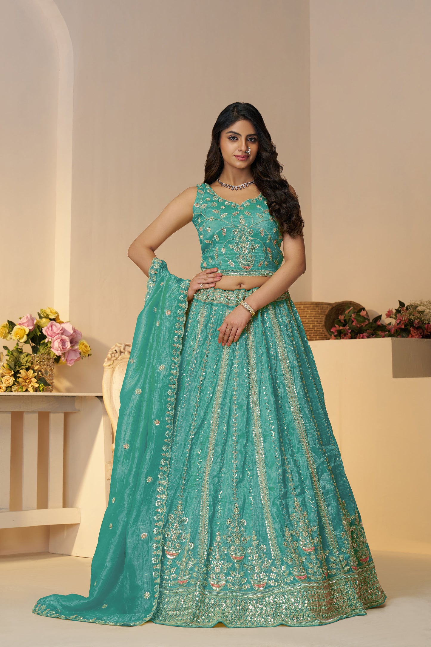 Sky Blue Zari Work Jimmy Choo Engagement Lehenga