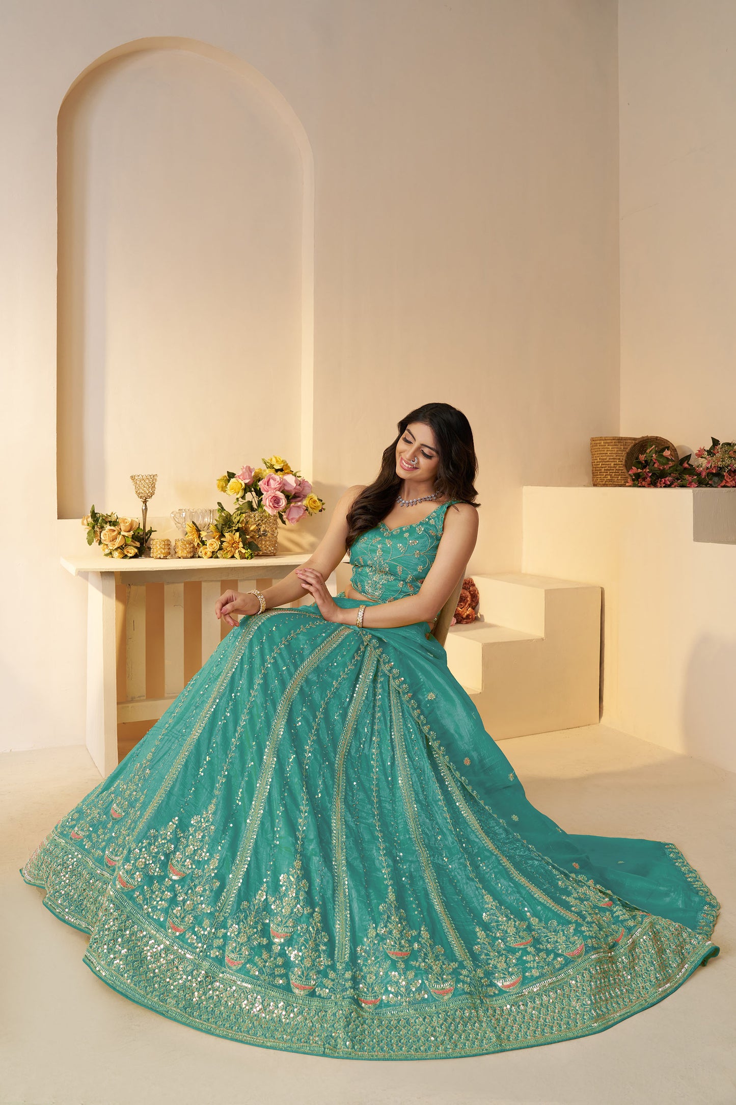 Sky Blue Zari Work Jimmy Choo Engagement Lehenga