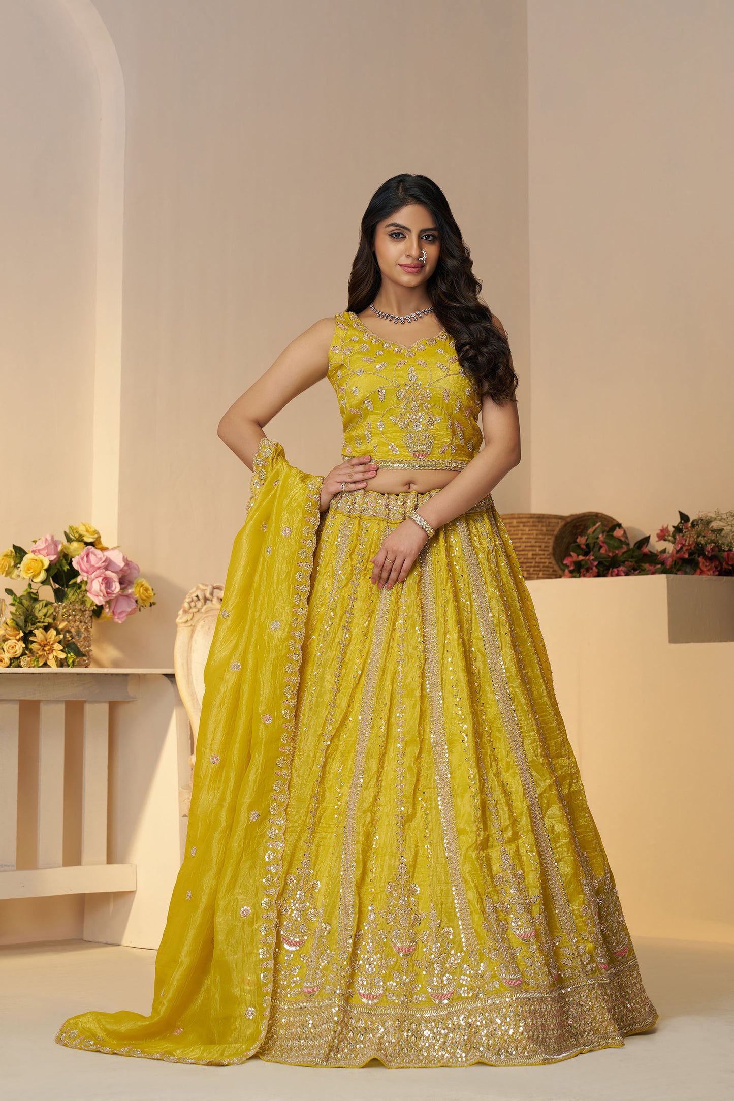 Yellow Zari Work Jimmy Choo Bridal Lehenga for Haldi