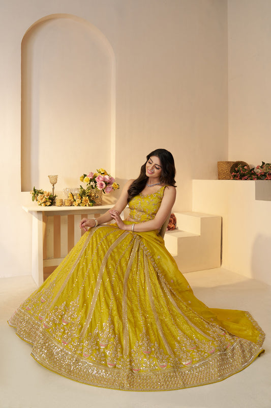 Yellow Zari Work Jimmy Choo Bridal Lehenga for Haldi