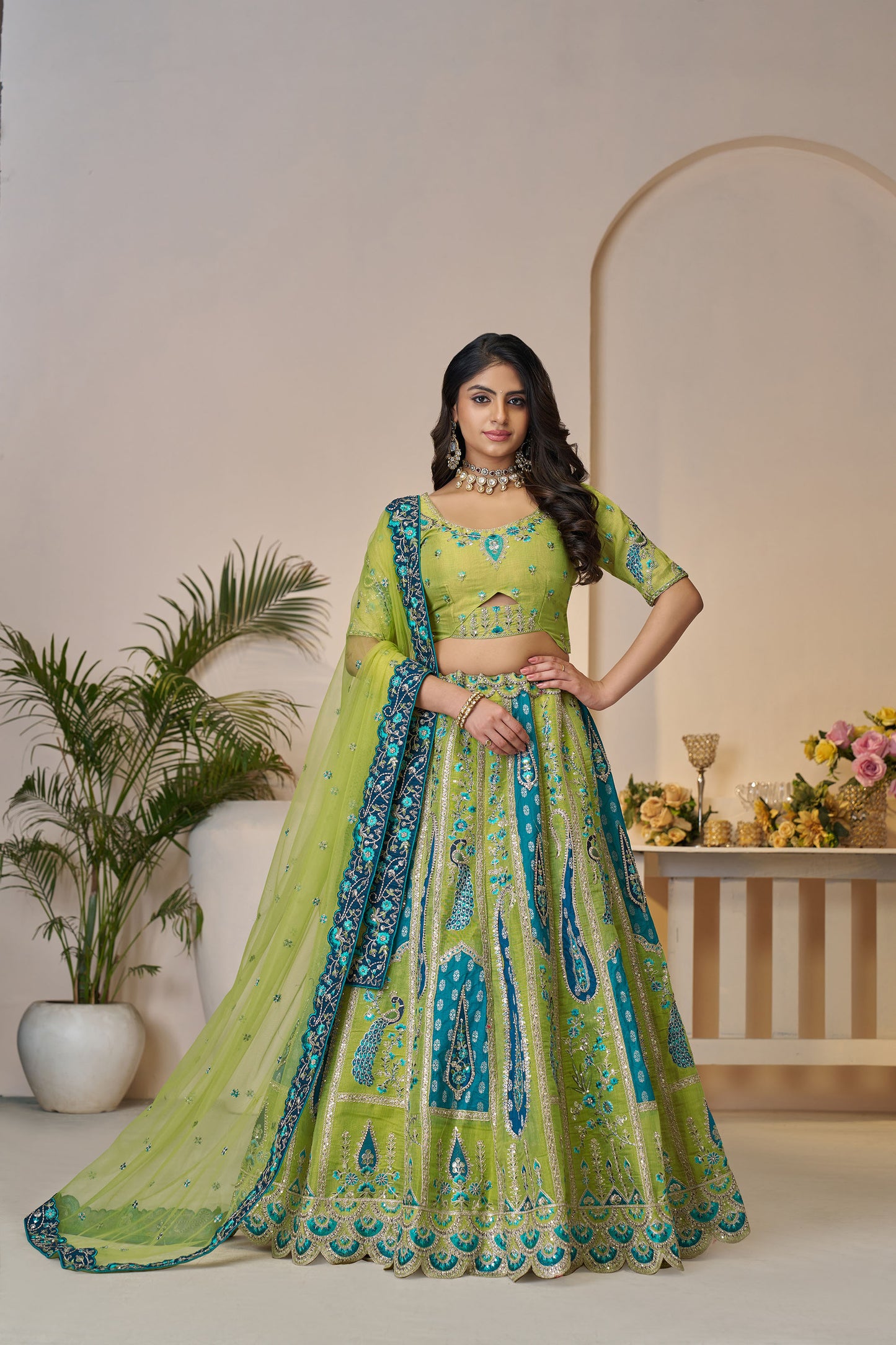 Green Paisley and Peacock Motifs & Heavy Embroidery Silk Mehendi Lehenga