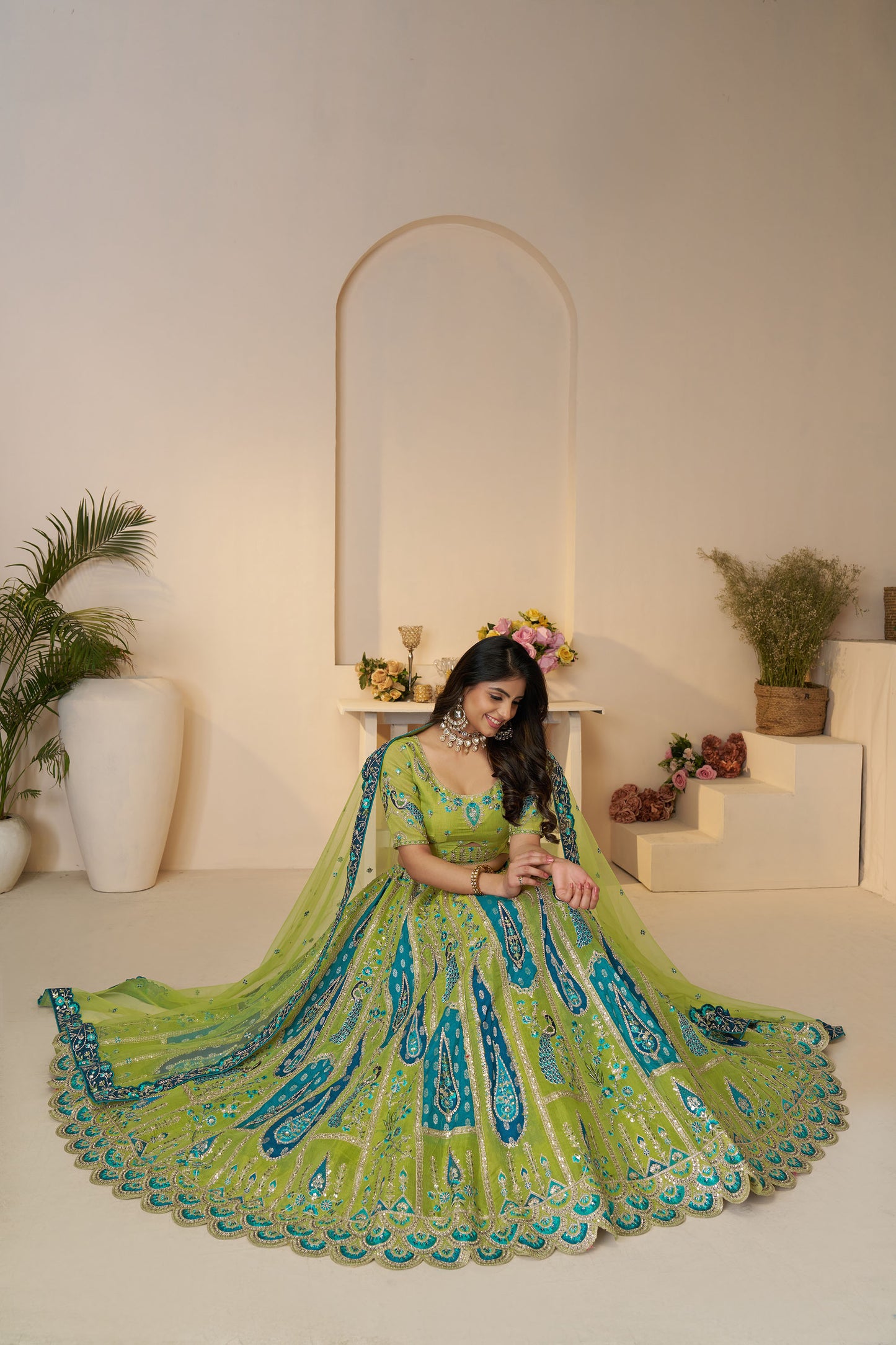 Green Paisley and Peacock Motifs & Heavy Embroidery Silk Mehendi Lehenga