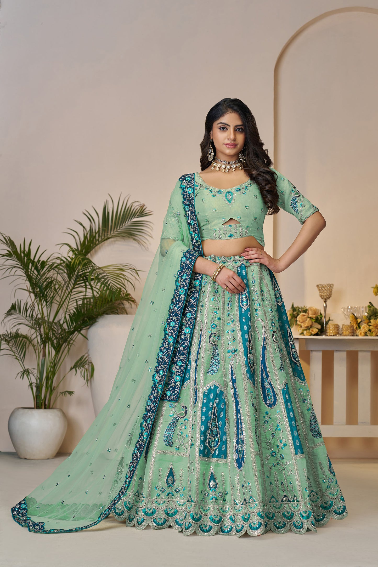 Sky Blue Paisley and Peacock Motifs & Heavy Embroidery Silk Lehenga