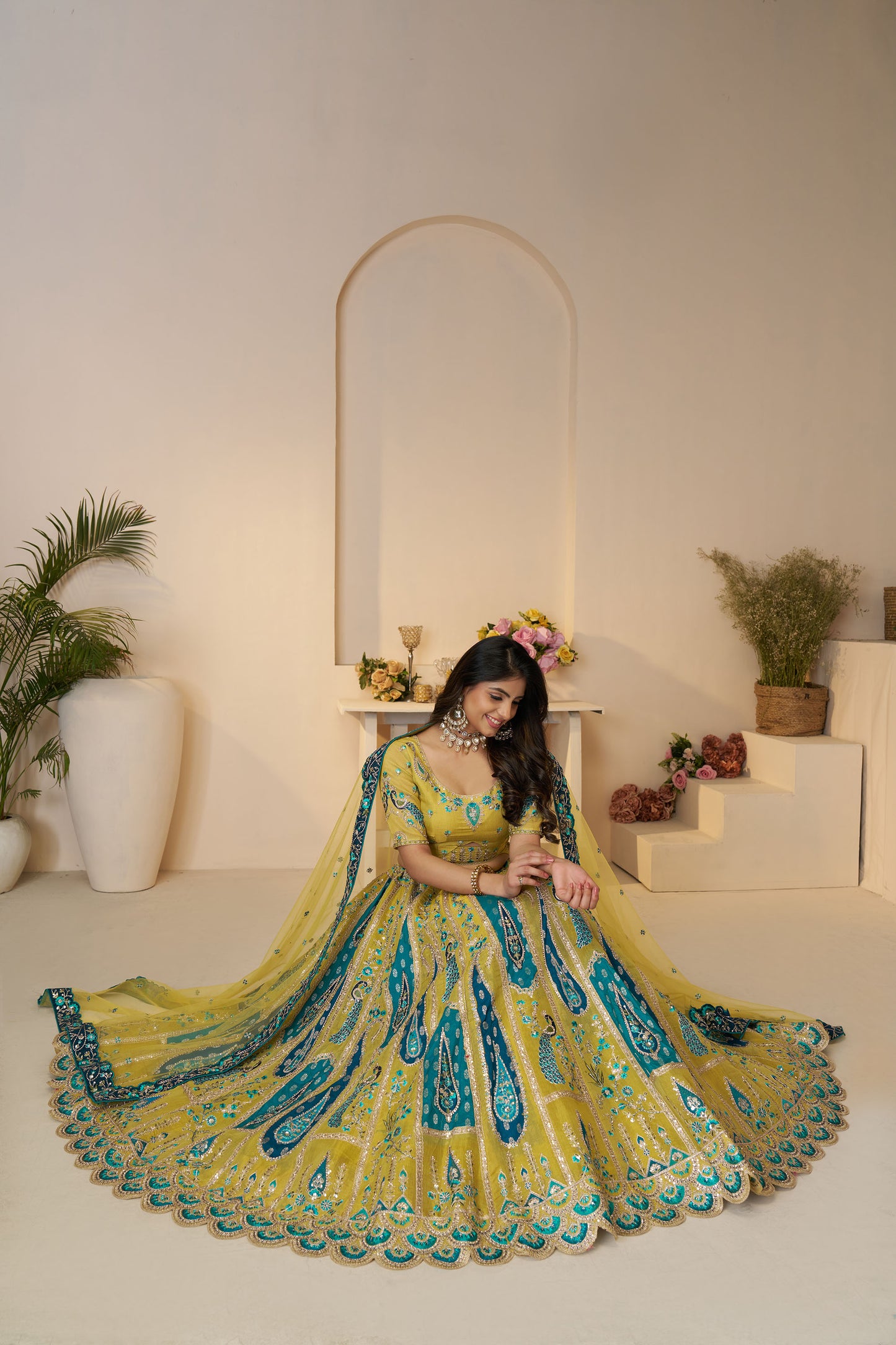 Yellow Bel Butti Pattern Silk Haldi Lehenga Choli
