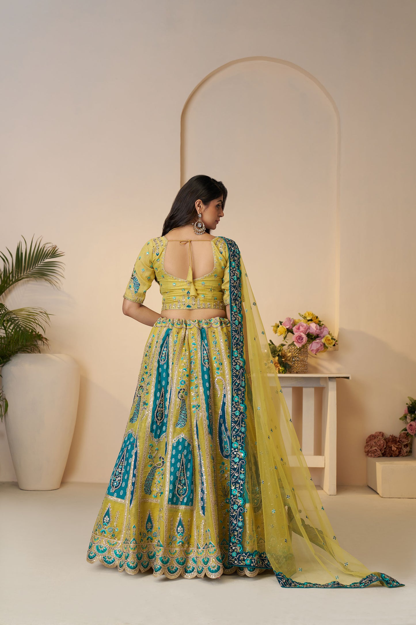 Yellow Bel Butti Pattern Silk Haldi Lehenga Choli