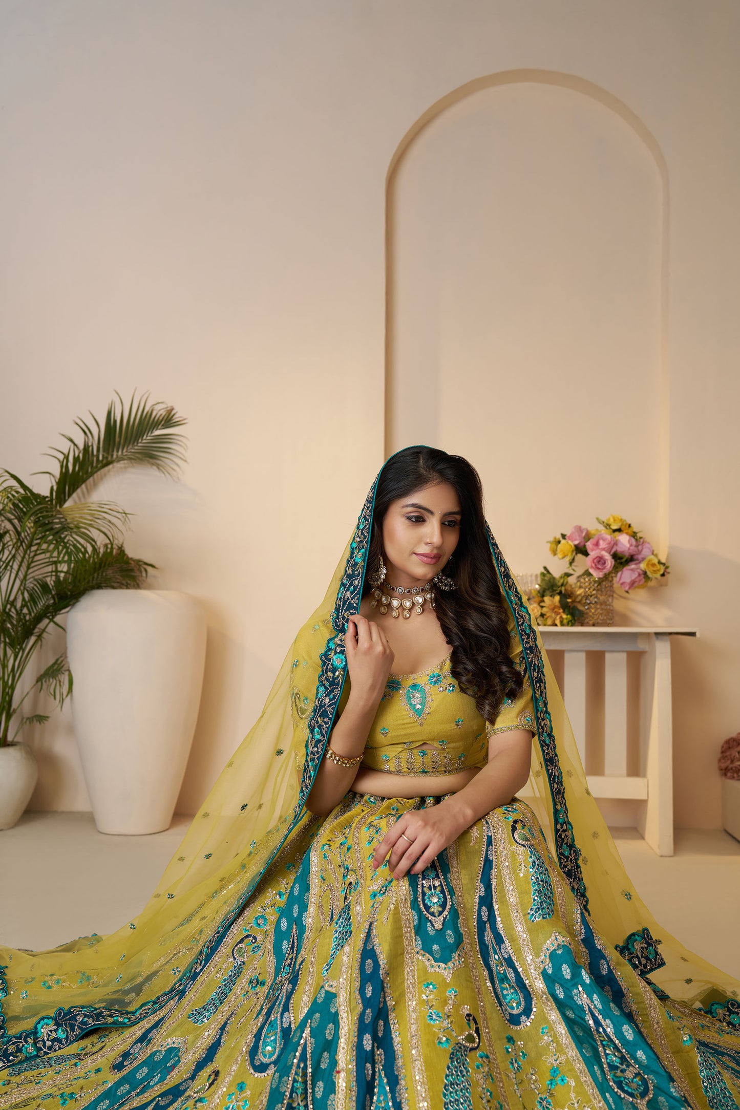 Yellow Bel Butti Pattern Silk Haldi Lehenga Choli