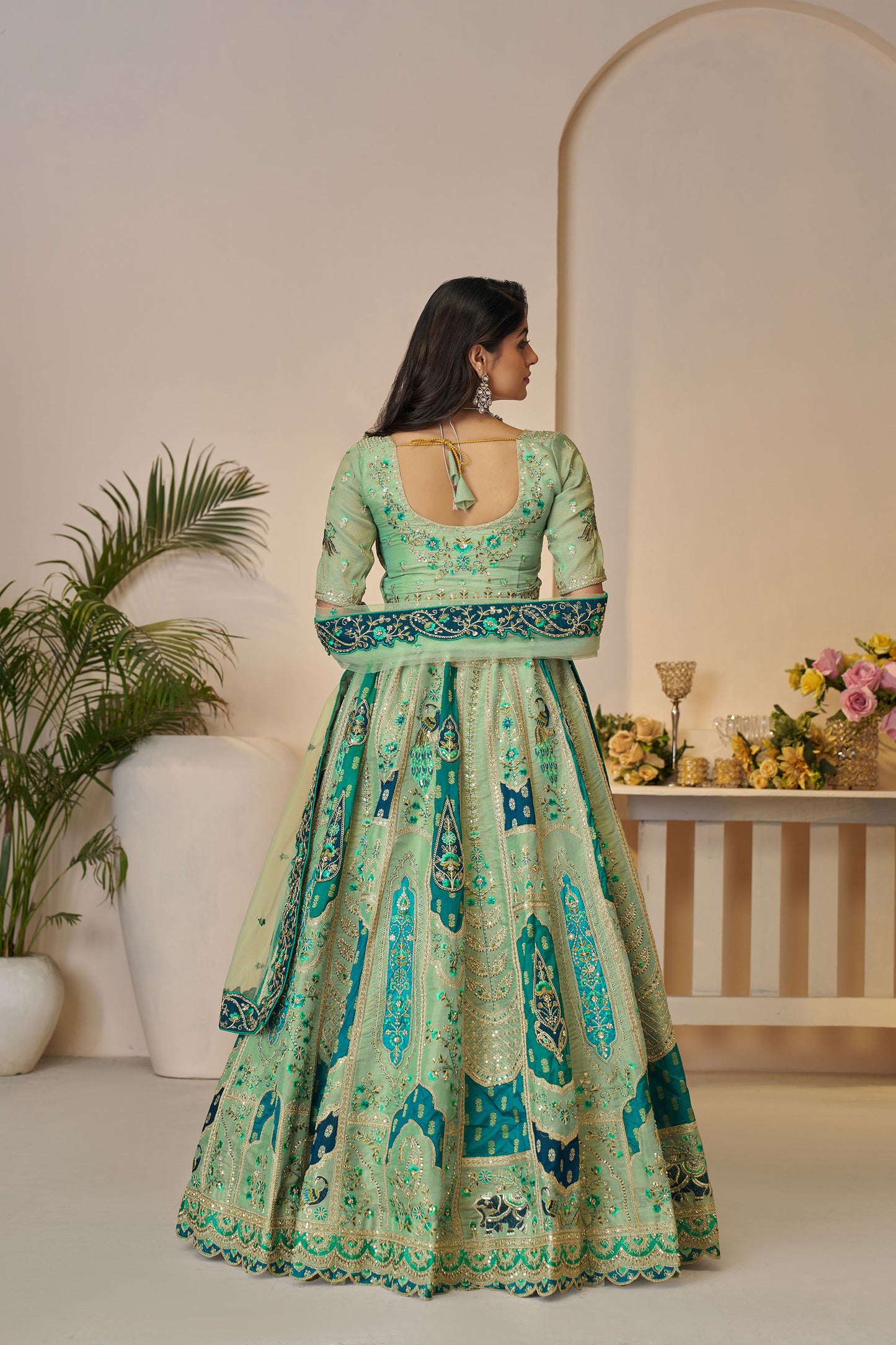 Green Banarasi Silk Sequins & Zari Embroidered Bridal Lehenga