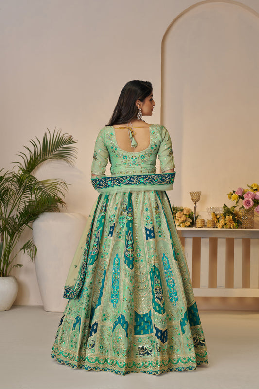 Green Banarasi Silk Sequins & Zari Embroidered Bridal Lehenga